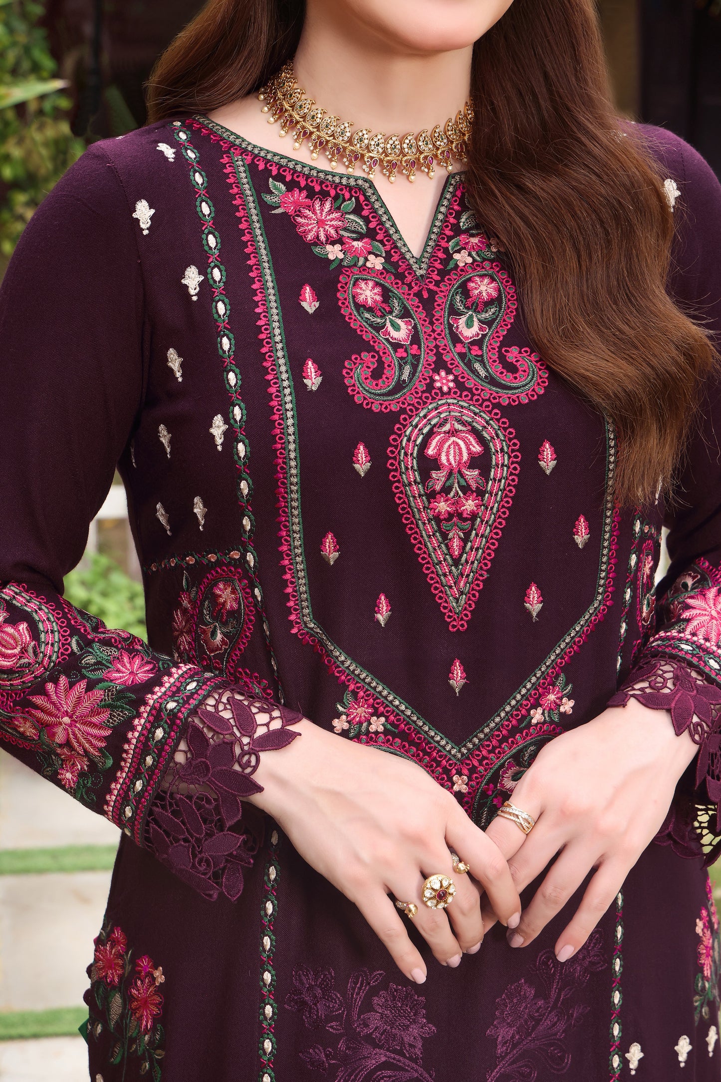 Aneelas Stitched Peach Wool Emb Shirt Trouser and Shawl 3pc [MOMINA-05] [Dispatch time 2 Months]