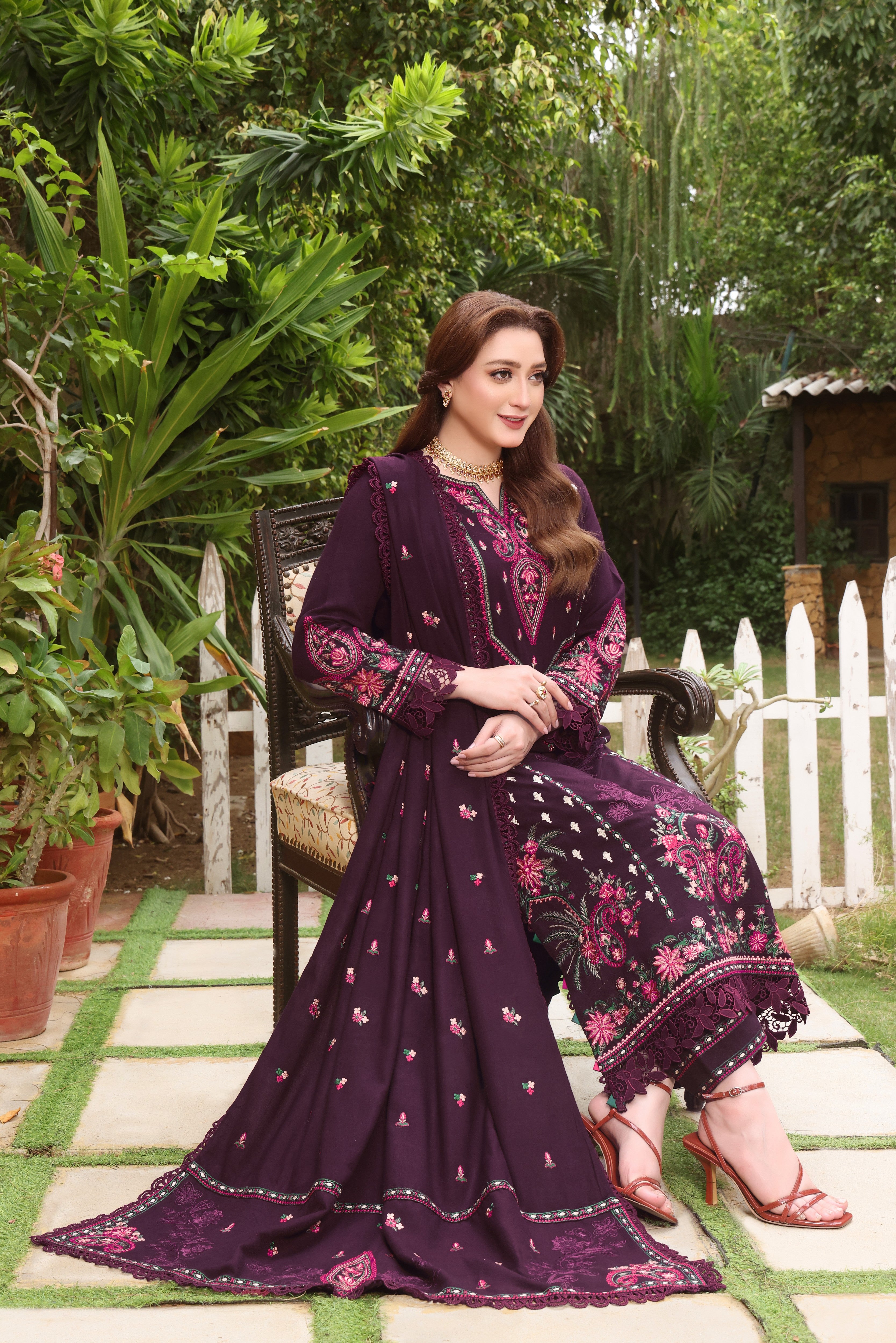 Rs 15500 Aneelas Stitched Peach Wool Emb Shirt Trouser and Shawl 3pc [MOMINA-05] [Dispatch time 2 Months]