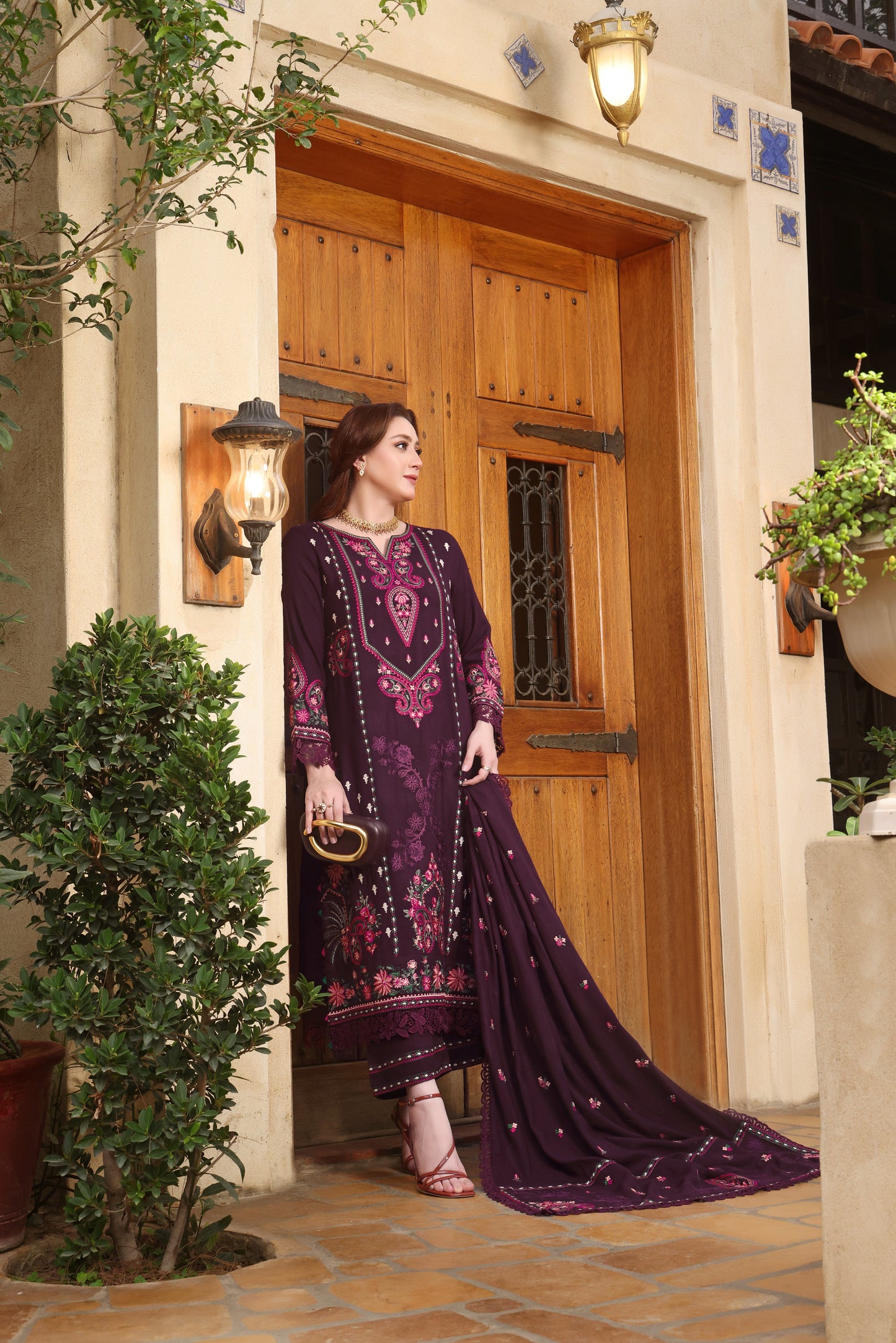 Aneelas Stitched Peach Wool Emb Shirt Trouser and Shawl 3pc [MOMINA-05] [Dispatch time 2 Months]