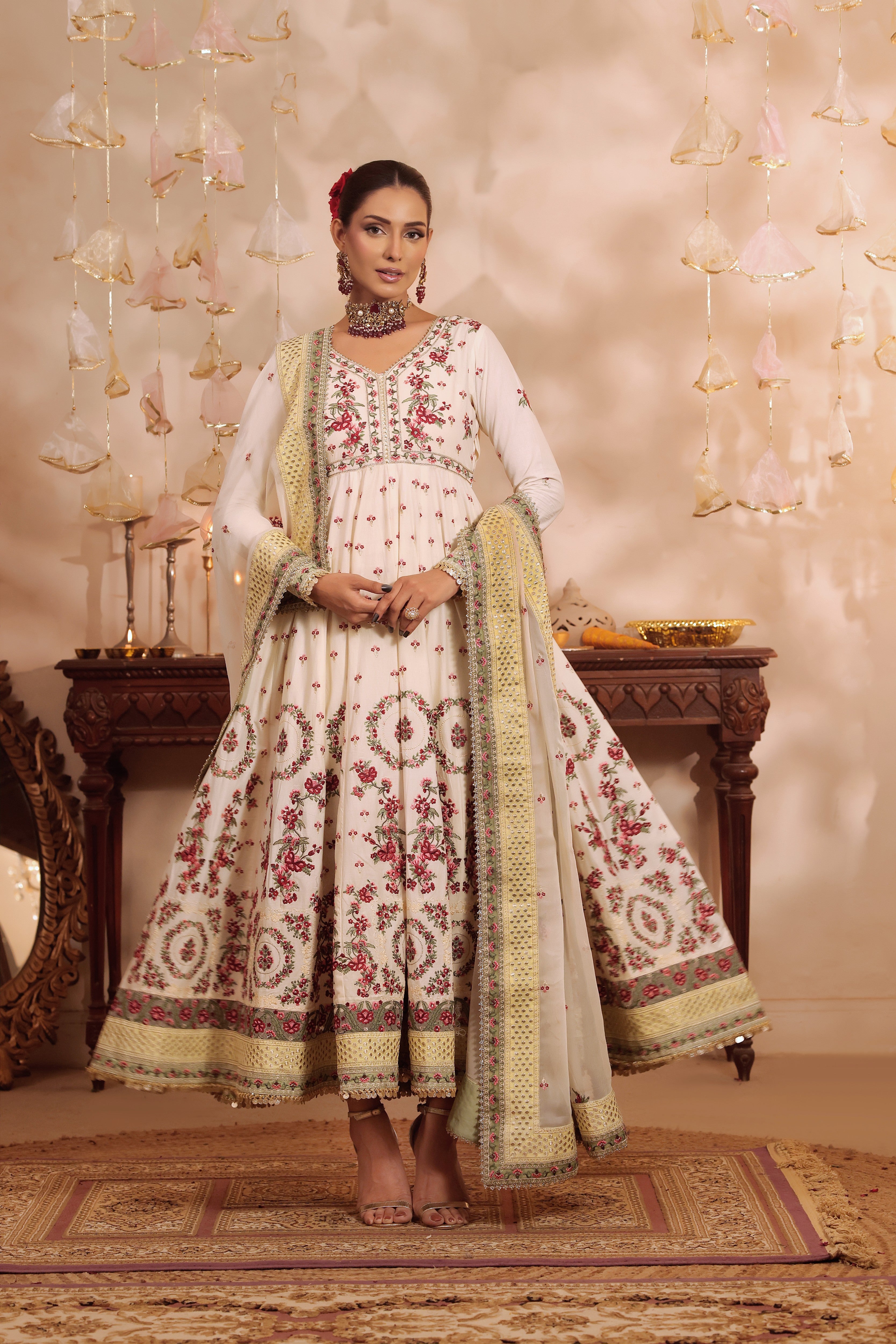 Rs 22500 Aneelas Stitched Lawn Heavy Emb Frock 3pc Emb Chiffon Duppata [LUX-26-83] [Dispatch Time 2 Months]