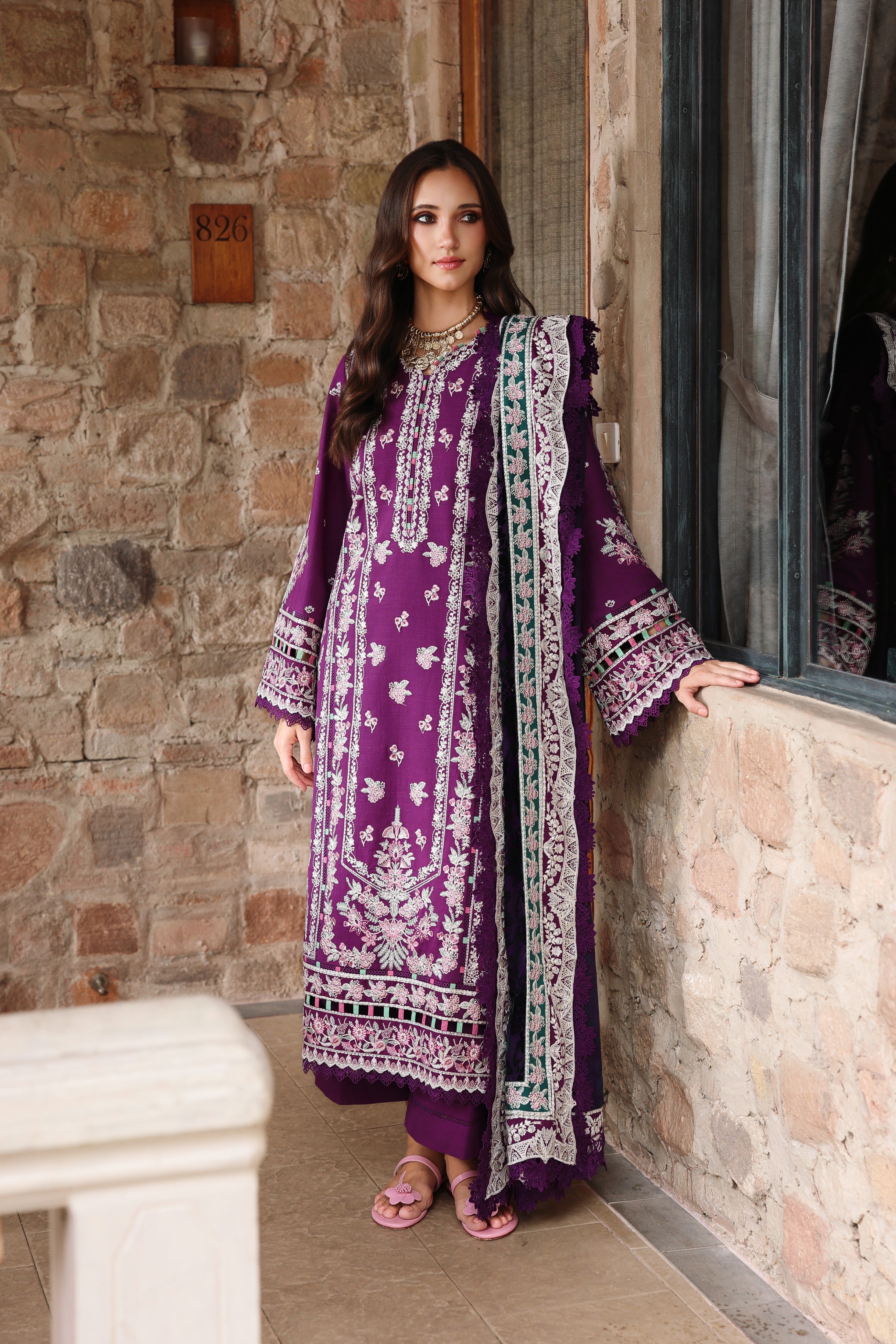 Aneelas Slub Khaddar Emb 3pc with Palachi Shawl [WLUX-26-03] [Dispatch Time 2.5 Months]