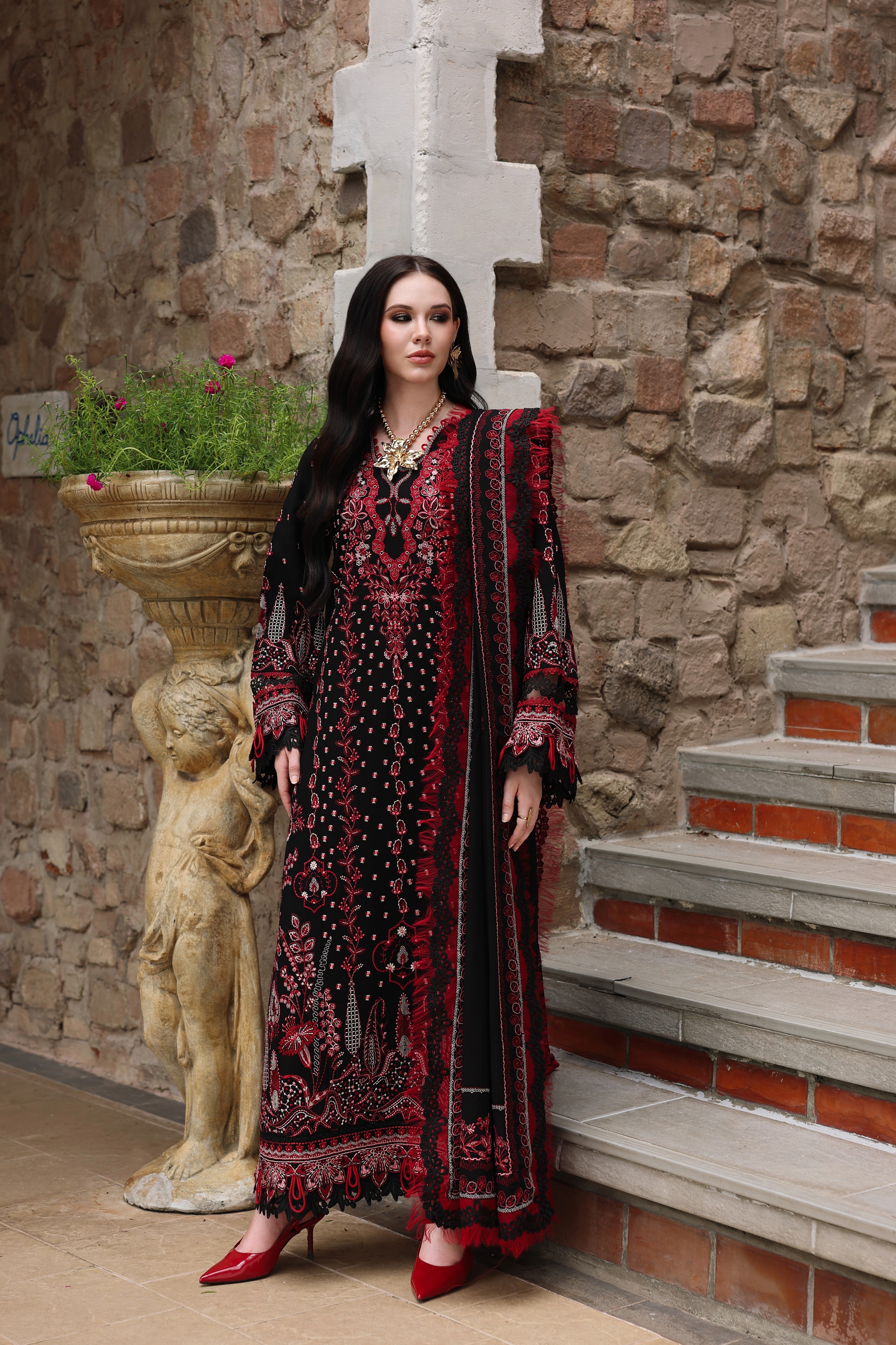 Aneelas Luxury Twill Emb 3pc Twill Shawl [WLUX-26-07] [Dispatch Time 2.5 Months]