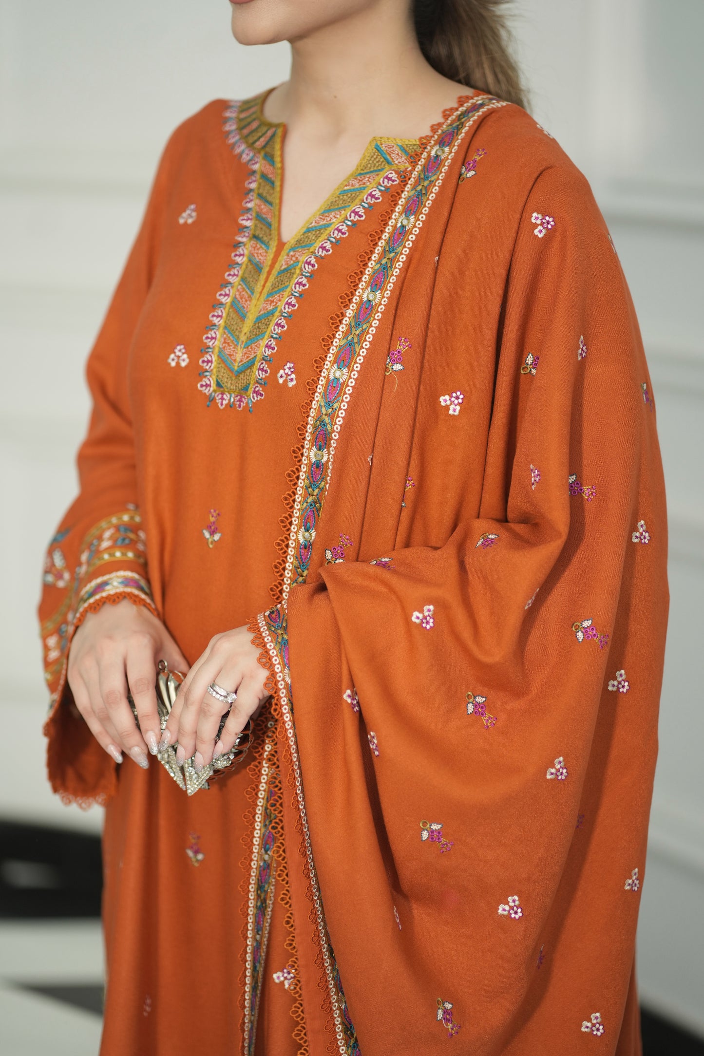 Aneelas Stitched Peach Wool Emb Shawl 3pc [PL-01] [Dispatch Time 2 Months]