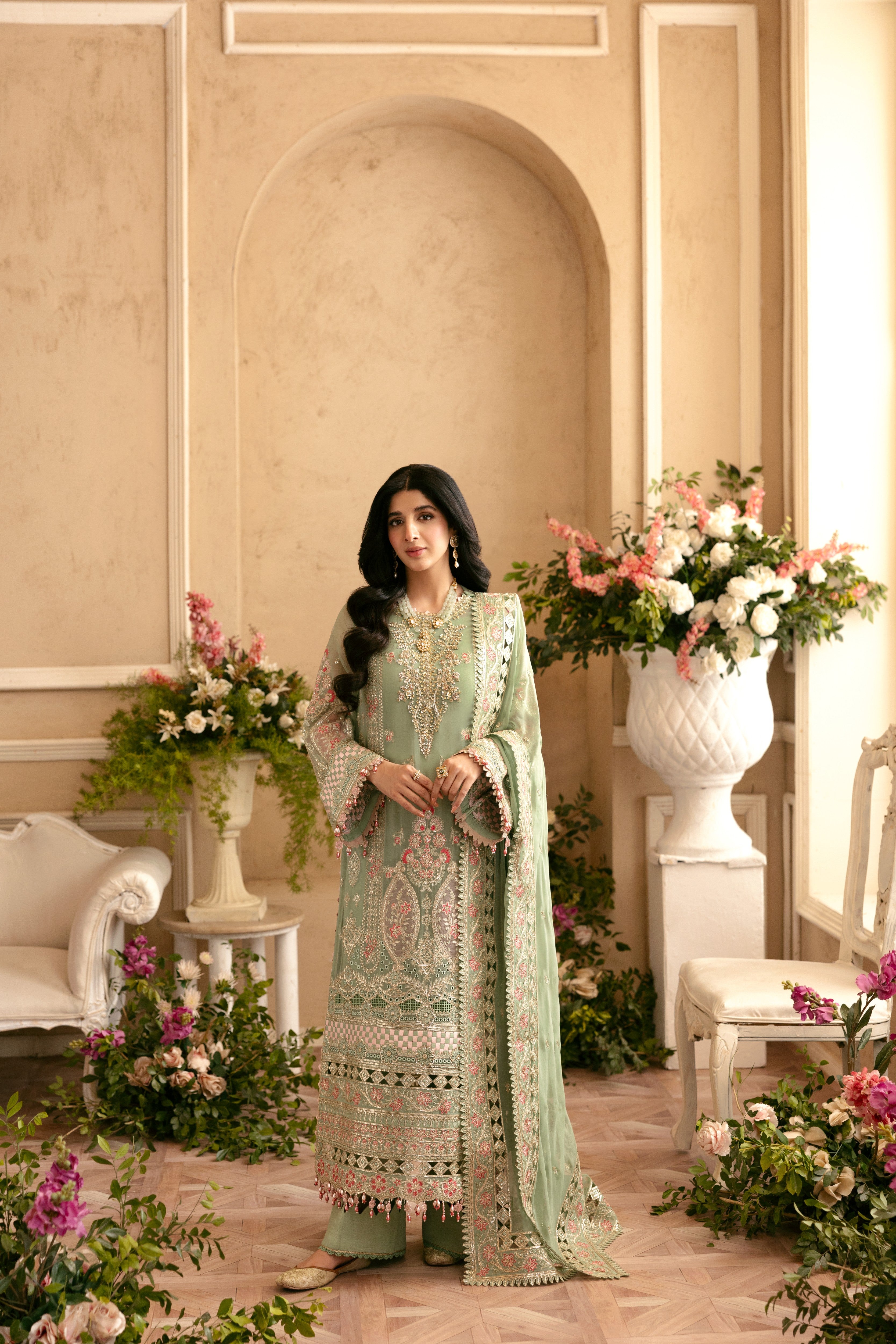 Rs 39500 Aneelas Stitched Chiffon Emb With Ada Work 3pc [LUX-CH-04] [Dispatch Time 2 Month]