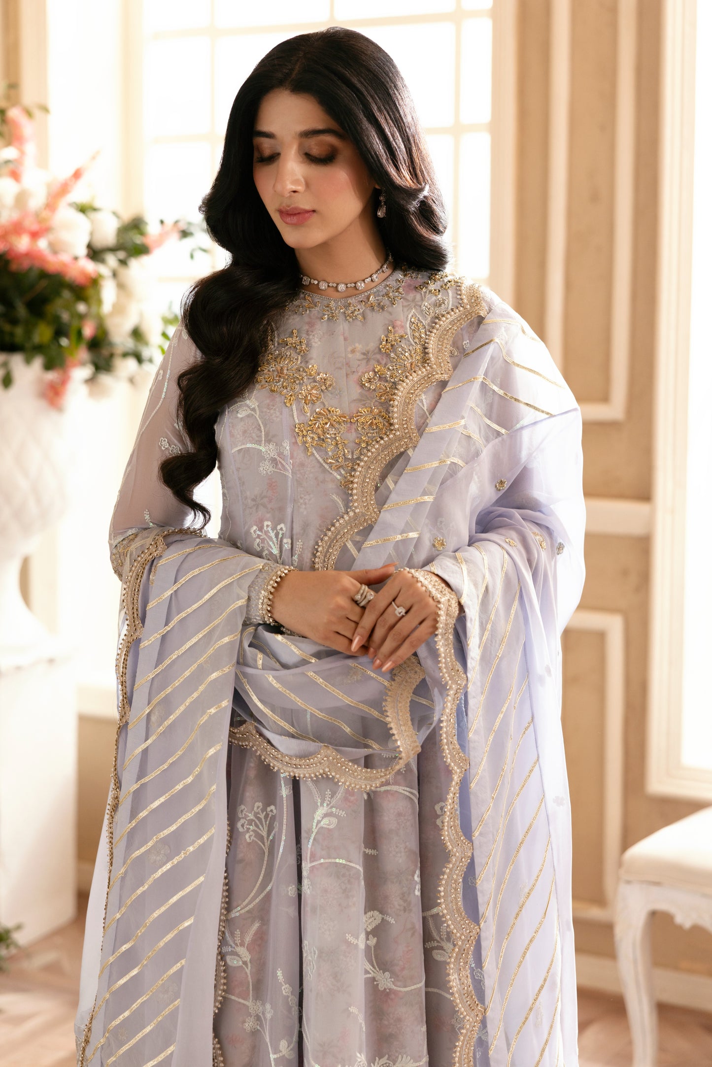 Rs 31000 Aneelas Stitched Chiffon Ada Work Emb 3pc Maxi [MAWRA-07] [Dispatch Time 3 Months]