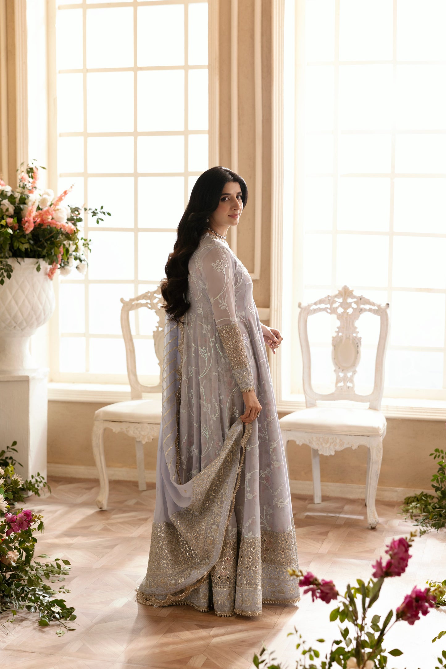 Rs 31000 Aneelas Stitched Chiffon Ada Work Emb 3pc Maxi [MAWRA-07] [Dispatch Time 3 Months]