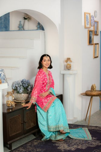 Aneelas Semi Formal Raw Silk 3pc Chiffon Duppata With Sharara [FC-34-A] [Dispatch Time 2 Months]
