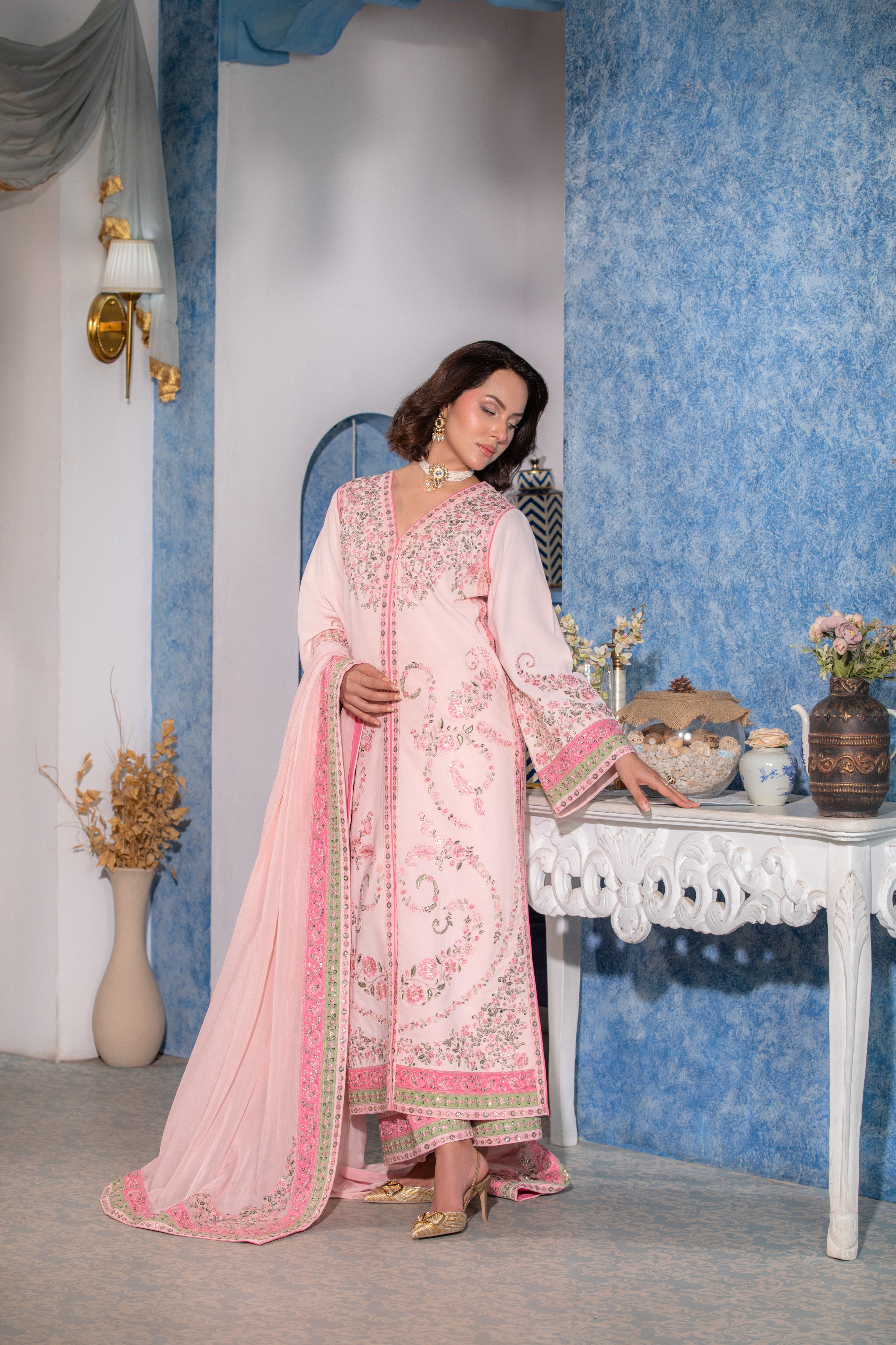 Rs 23500 Aneelas Stitched Silk Semi Formal Emb 3pc Silk Duppata [FC-32] [Dispatch Time 2 Months]