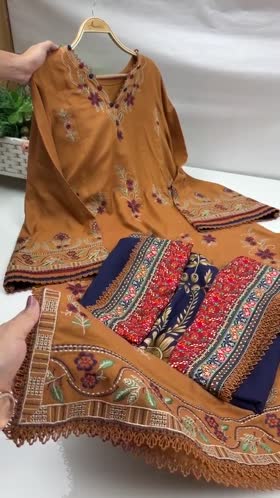 Rs 13500 Aneelas Stitched Peach Wool Emb 3pc With Printed Duppata [PLX-26-06] [Dispatch Time 2.5 Months]