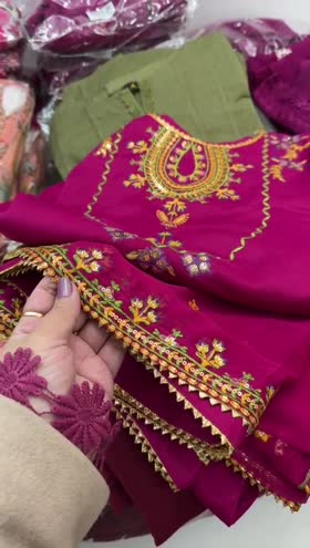 Rs 11500 Aneelas Eid launch raw silk shirt shalwar chiffon Emb Duppata stitched 3pc [D 2][Dispatch date 24th March ] ~ [Chest 19] [Length 46] SMALL