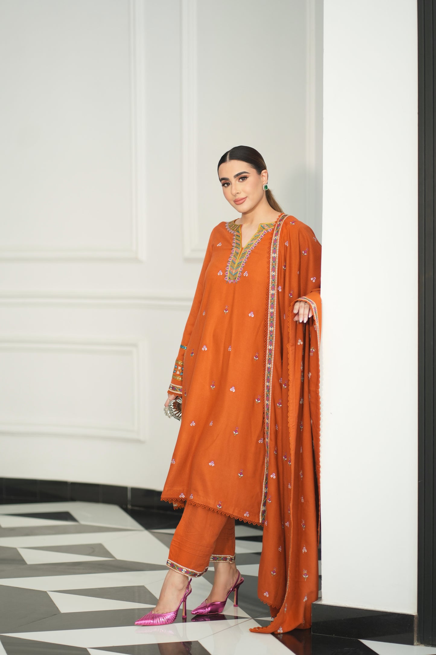 Aneelas Stitched Peach Wool Emb Shawl 3pc [PL-01] [Dispatch Time 2 Months]