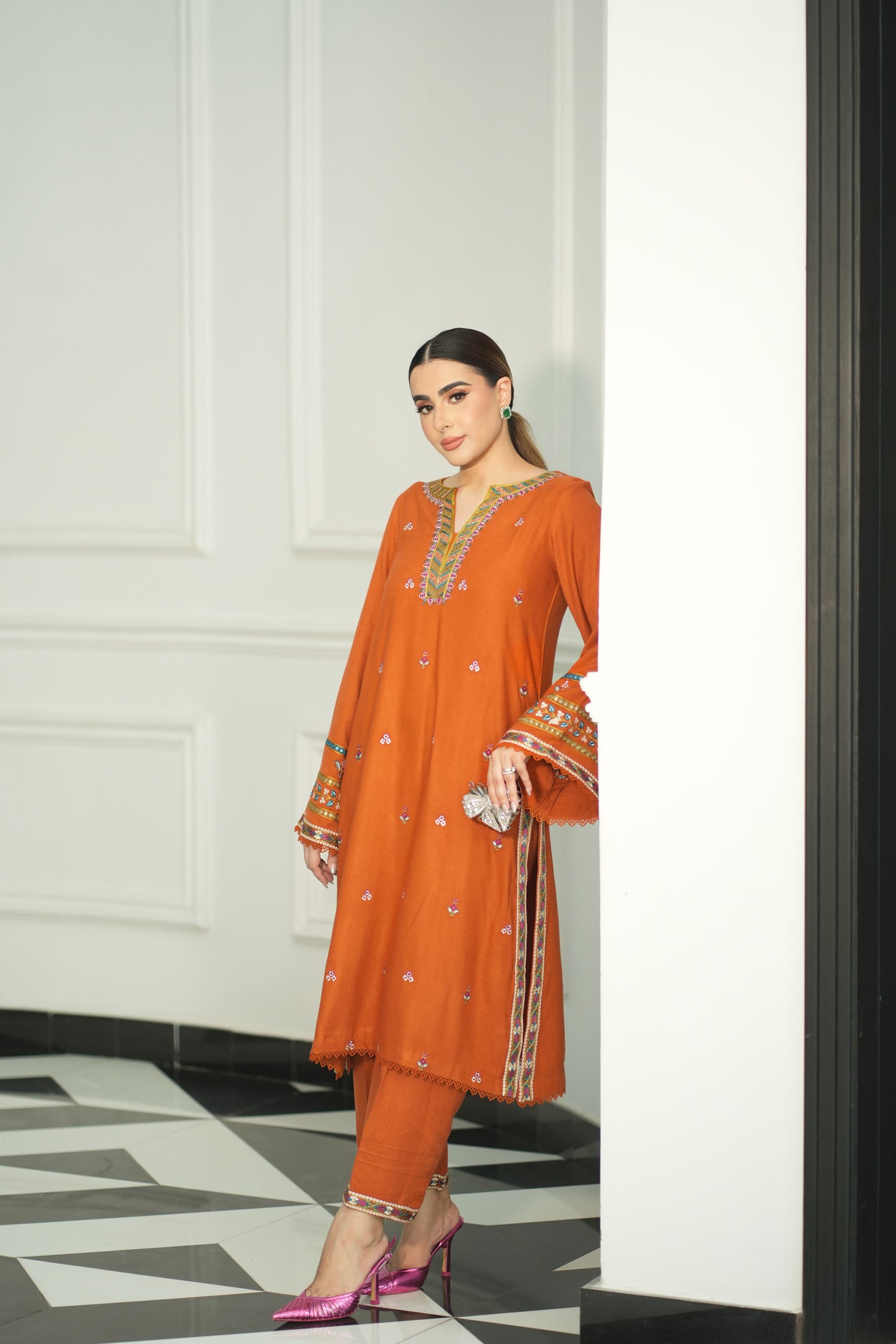 Aneelas Stitched Peach Wool Emb Shirt Trouser [PL-01] [Dispatch Time 2 Months]