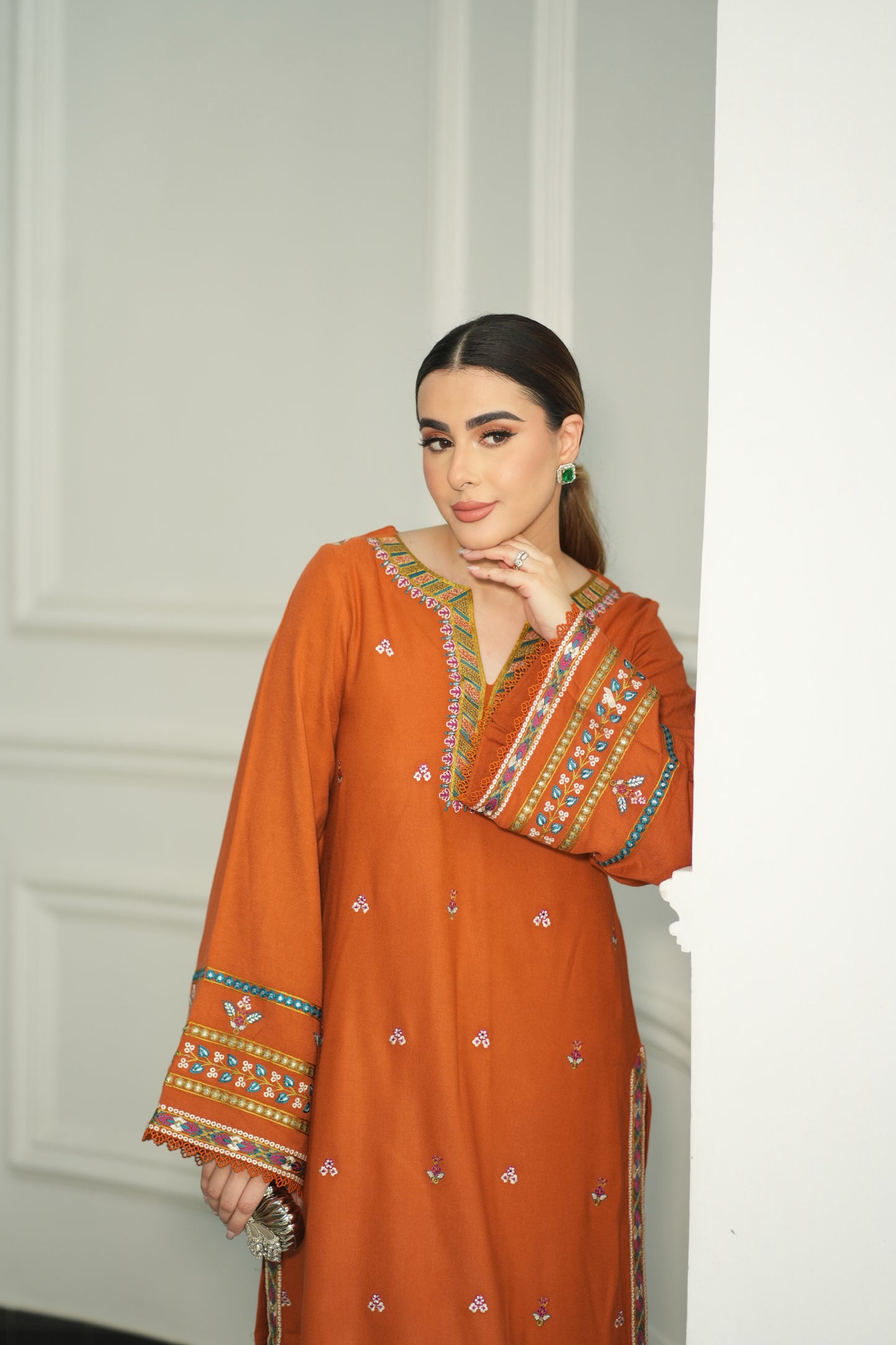 Aneelas Stitched Peach Wool Emb Shawl 3pc [PL-01] [Dispatch Time 2 Months]