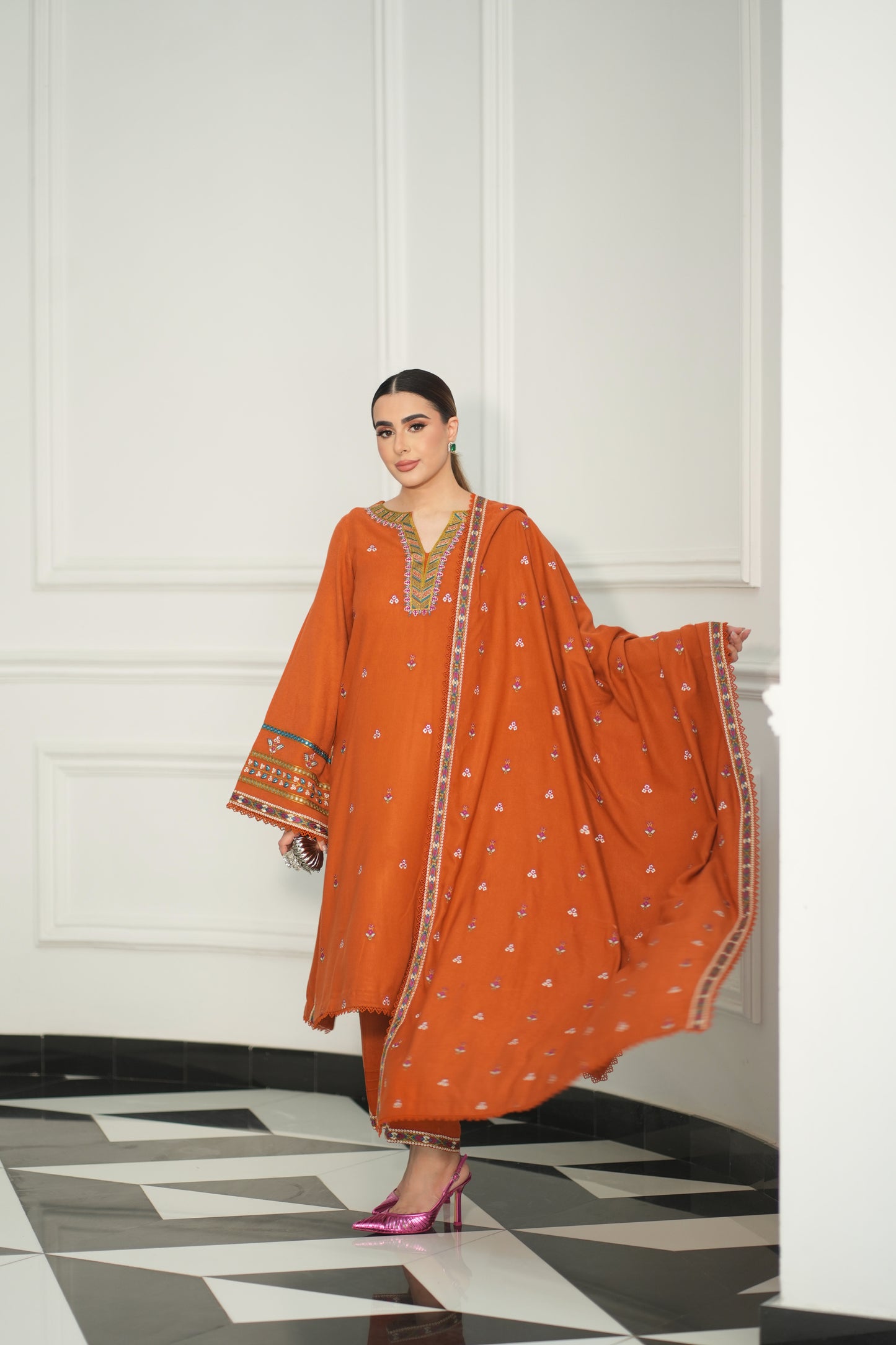 Aneelas Stitched Peach Wool Emb Shirt Trouser [PL-01] [Dispatch Time 2 Months]