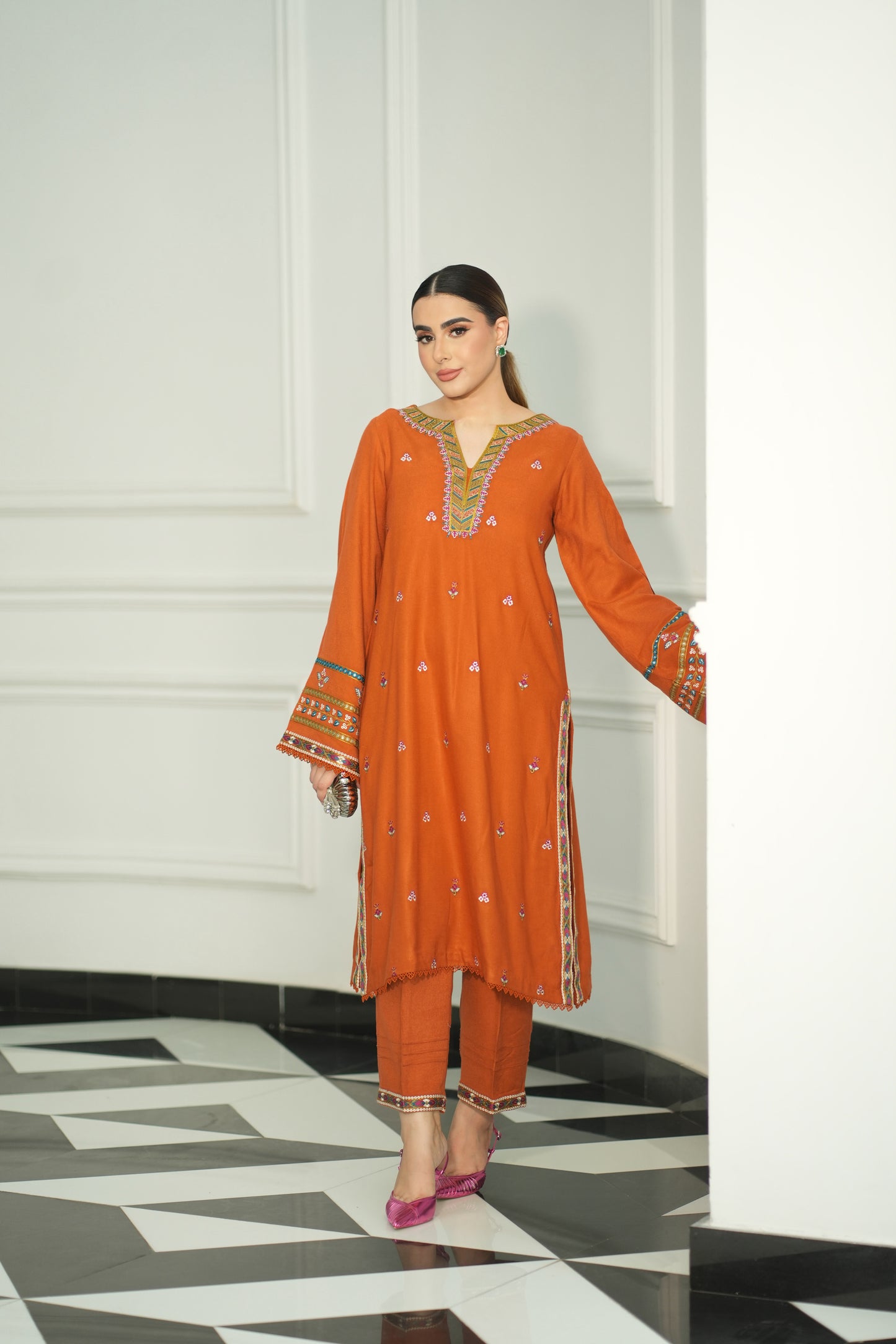 Aneelas Stitched Peach Wool Emb Shawl 3pc [PL-01] [Dispatch Time 2 Months]