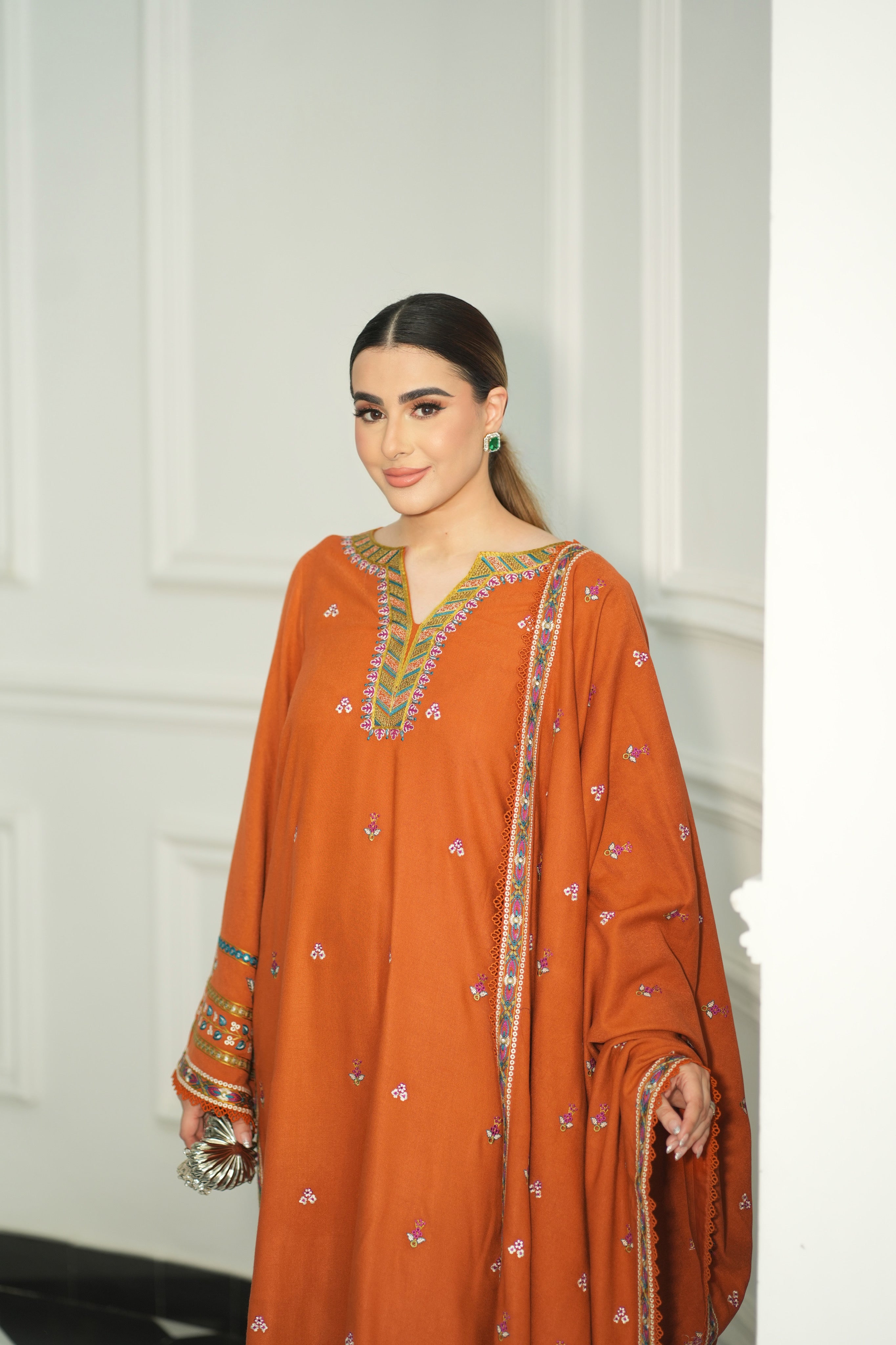 Rs 8500 Aneelas Stitched Peach Wool Emb Shirt Trouser [PL-01] [Dispatch Time 2 Months]