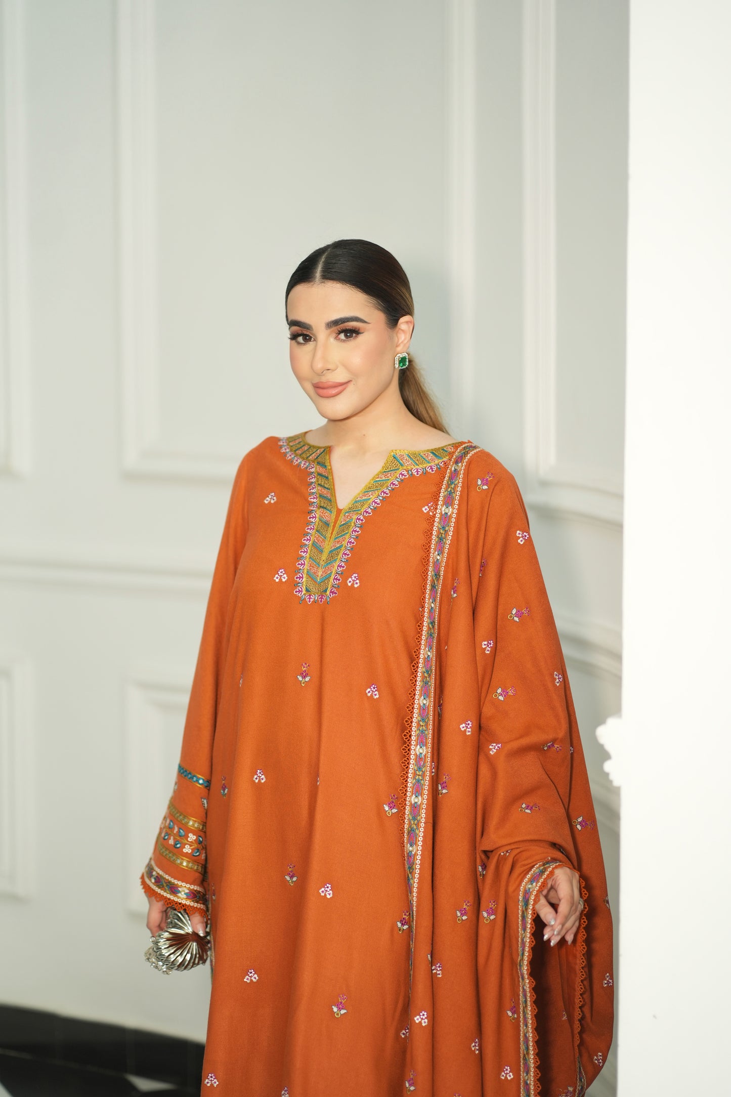 Aneelas Stitched Peach Wool Emb Shawl 3pc [PL-01] [Dispatch Time 2 Months]