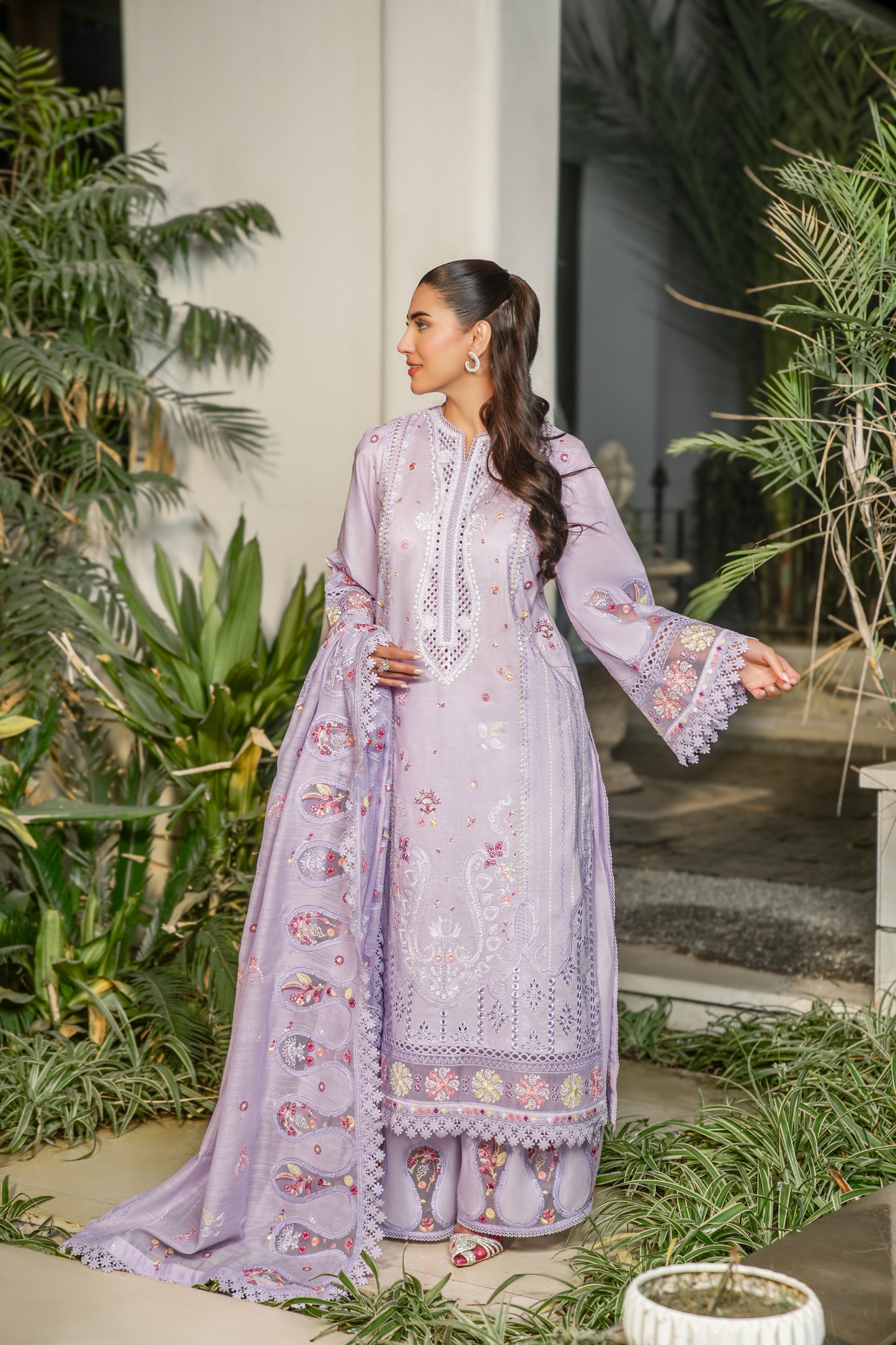 Rs 13000 Aneelas stitched lawn print Emb shirt Emb chiffon Duppata Emb gharara pent 3pc [Dispatch date 25th May ]