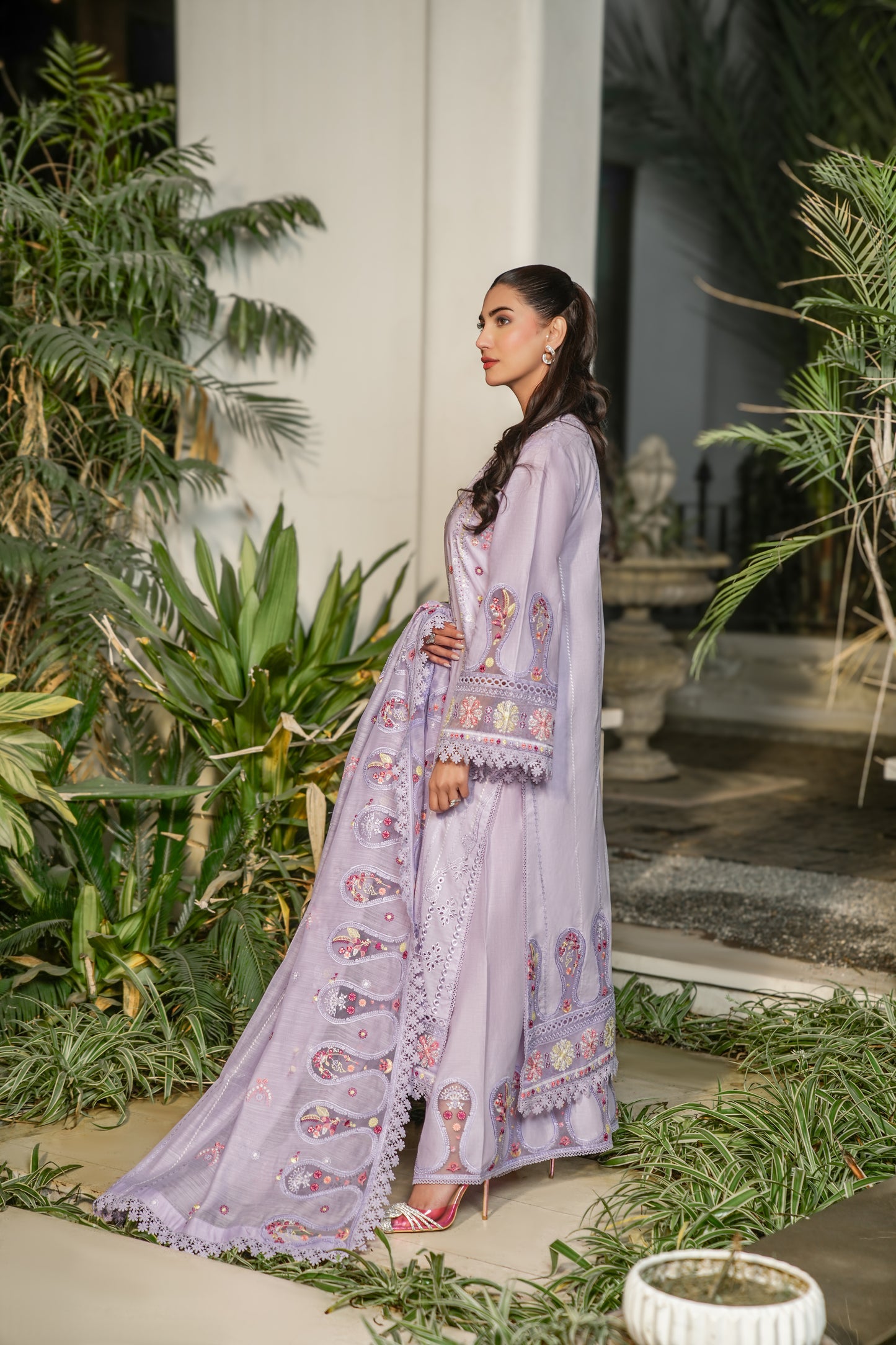 Rs 13000 Aneelas stitched lawn print Emb shirt Emb chiffon Duppata Emb gharara pent 3pc [Dispatch date 25th May ]