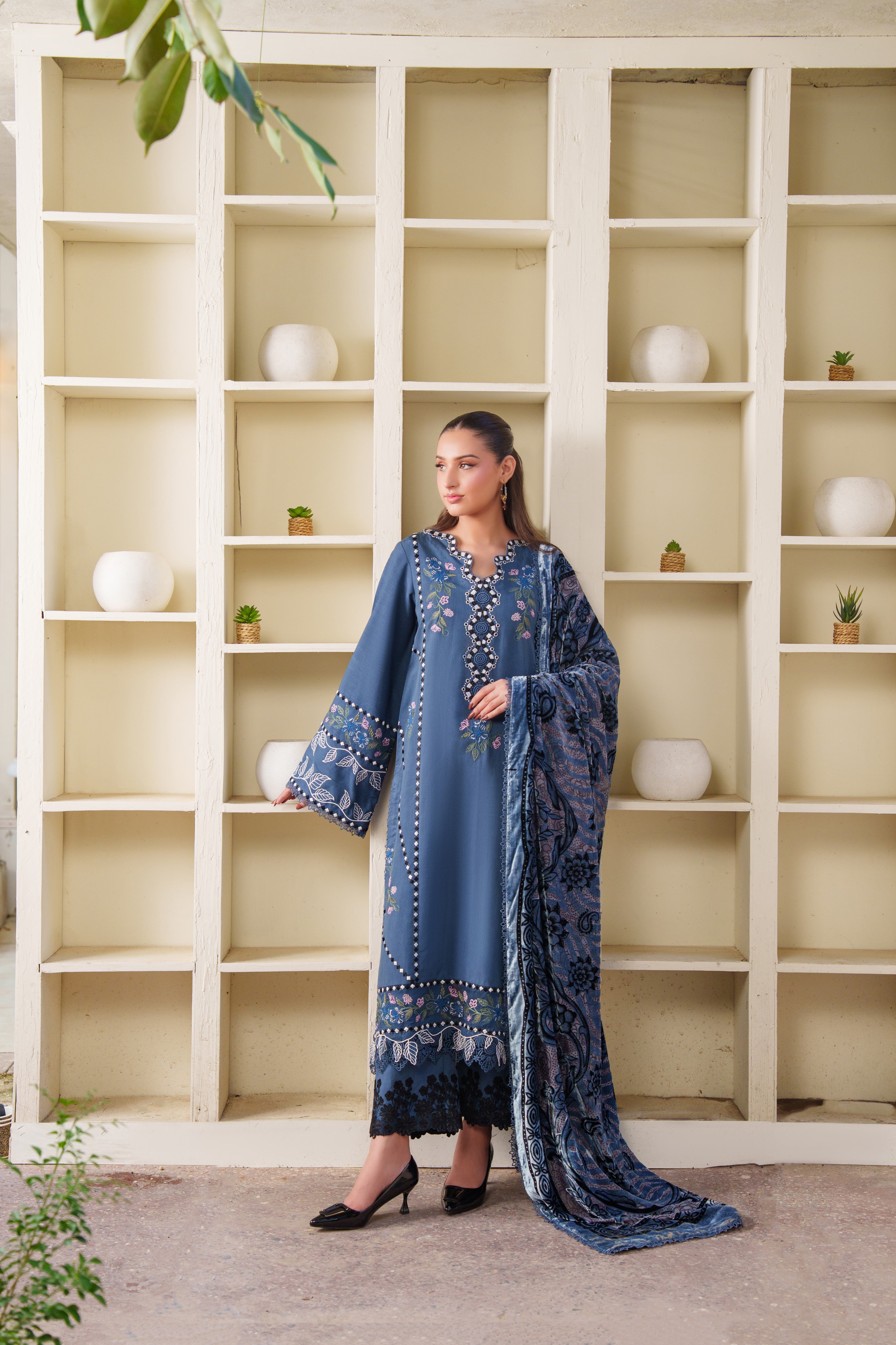 Aneelas Karandi Emb 3pc Palachi Shawl [WLUX-26-14-B] [Dispatch Time 2.5 Months]