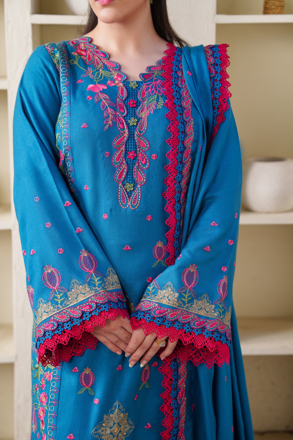 Aneelas Peach Wool Emb 3pc With Shawl [PLX-26-01] [Est. Dispatch Time 2.5 Months]