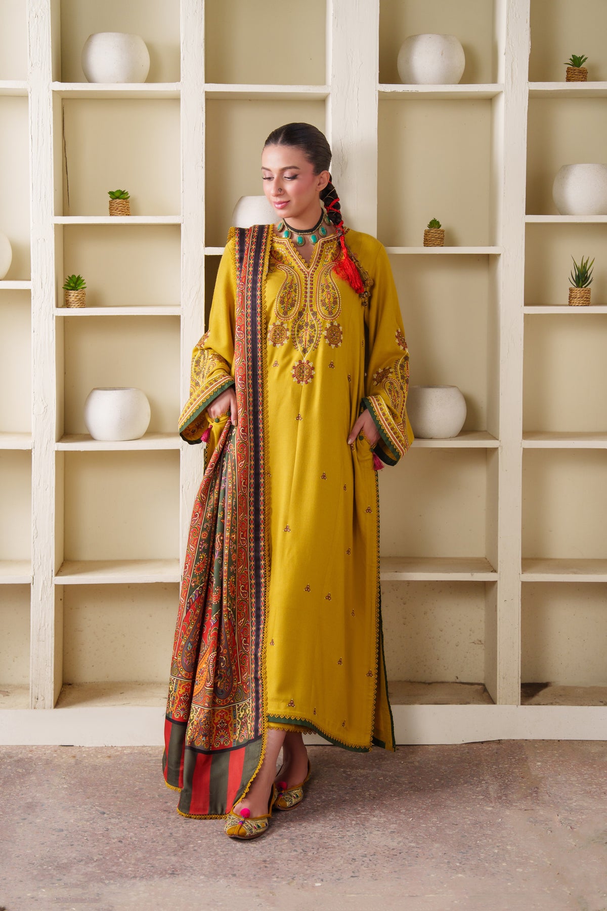 Rs 14000 Aneelas Stitched Peach Wool Emb 3pc With Printed Shawl [PLX-26-07] [Dispatch Time 2.5 Months]