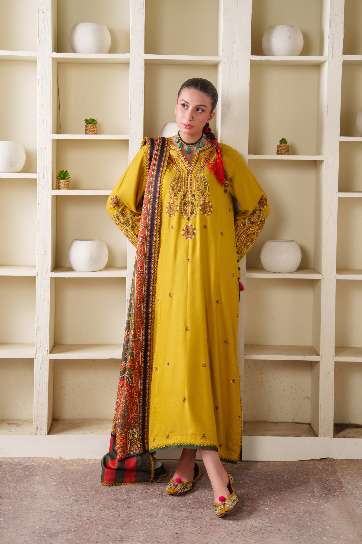Rs 14000 Aneelas Stitched Peach Wool Emb 3pc With Printed Shawl [PLX-26-07] [Dispatch Time 2.5 Months]
