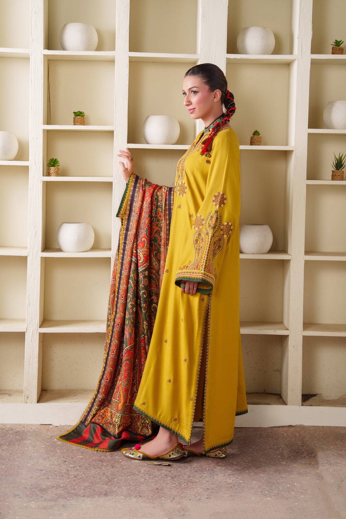 Rs 14000 Aneelas Stitched Peach Wool Emb 3pc With Printed Shawl [PLX-26-07] [Dispatch Time 2.5 Months]