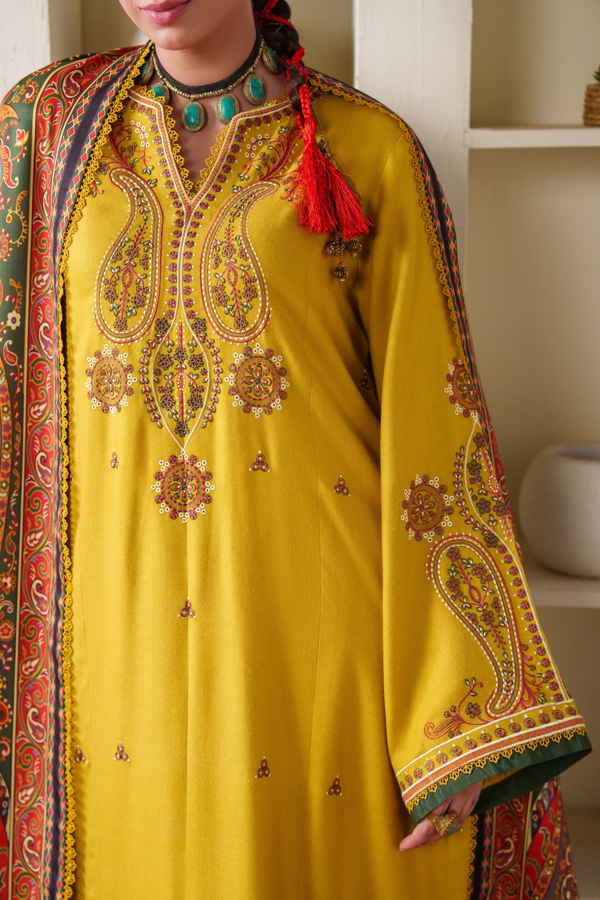Rs 14000 Aneelas Stitched Peach Wool Emb 3pc With Printed Shawl [PLX-26-07] [Dispatch Time 2.5 Months]