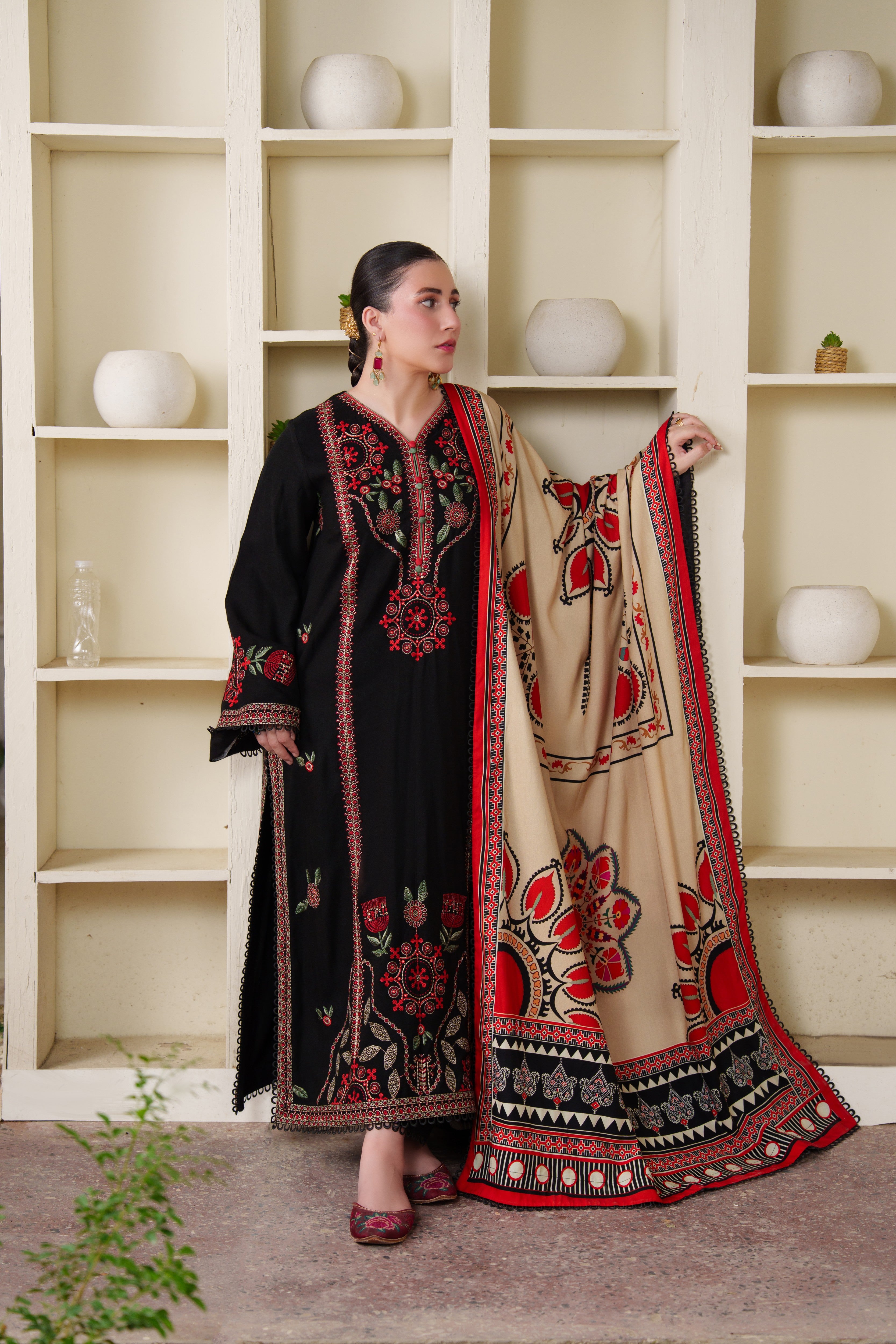 Aneelas Peach Wool Emb 3pc With Printed Duppata [PLX-26-05][Dispatch Time 2 Month]