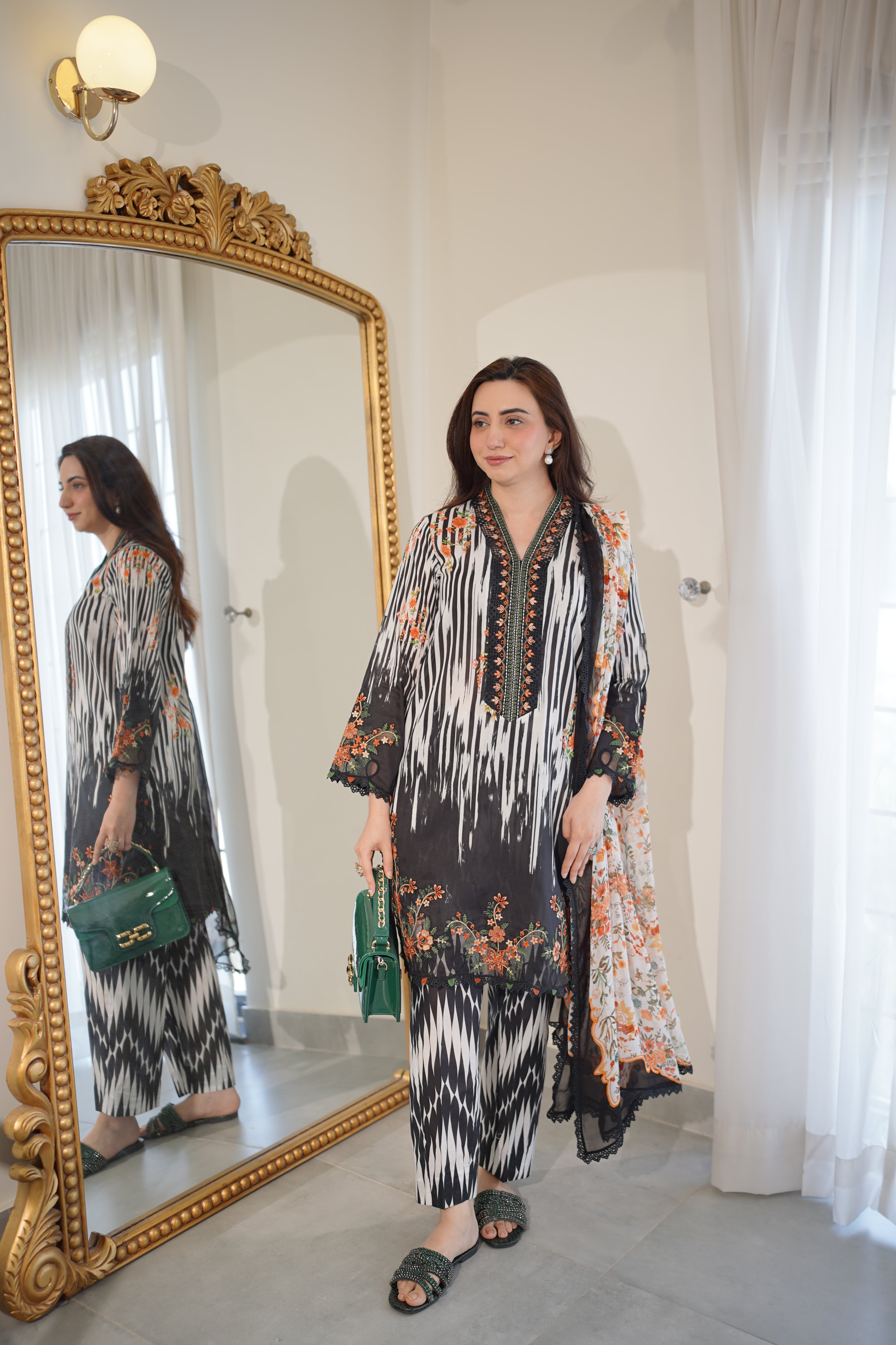 Rs 10500 Aneelas Stitched Lawn Print Emb Shirt 3pc with Chiffon Printed Duppata [SPR-26-58-A] [Dispatch Time 2 Months]
