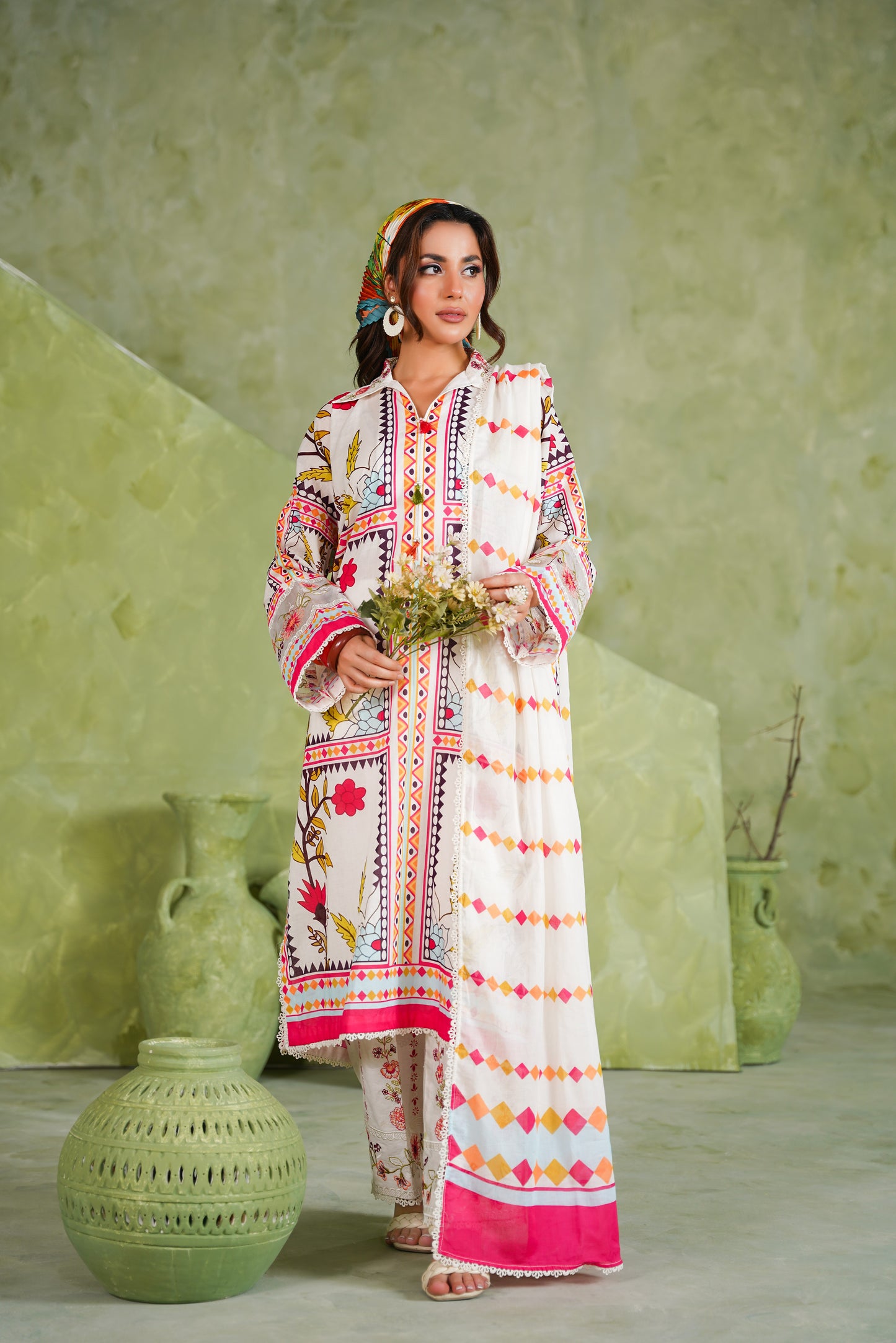 Rs 11500 Aneelas Stitched Loose Fit Print Emb Lawn 3pc Chiffon Duppata [SPR-26-77-B] [Dispatch Time 2 Months]