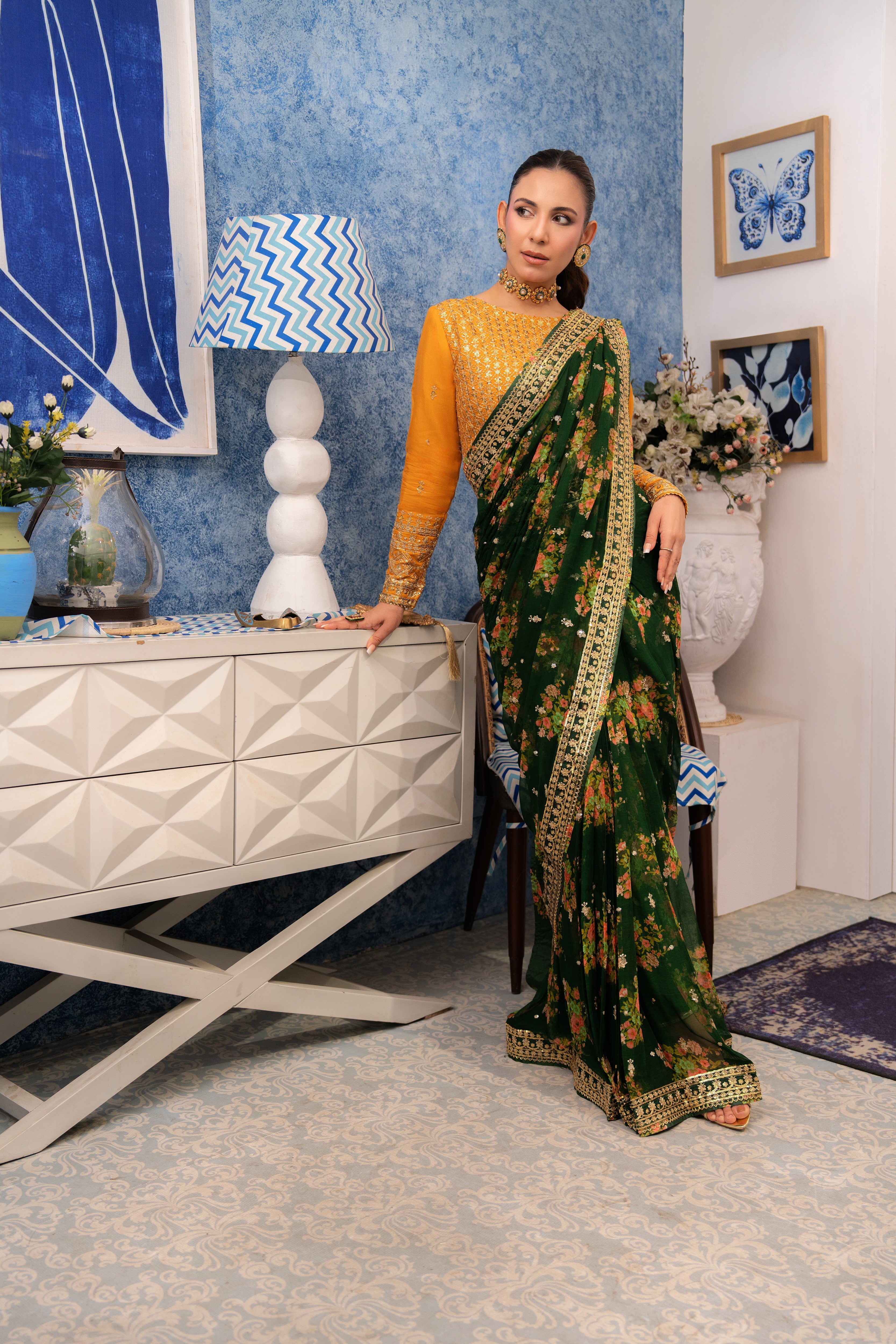 Rs 24500 Aneelas Stitched Emb Chiffon Saree 3pc With Green Blouse [SAR-04-B][Dispatch Time 2 Month]