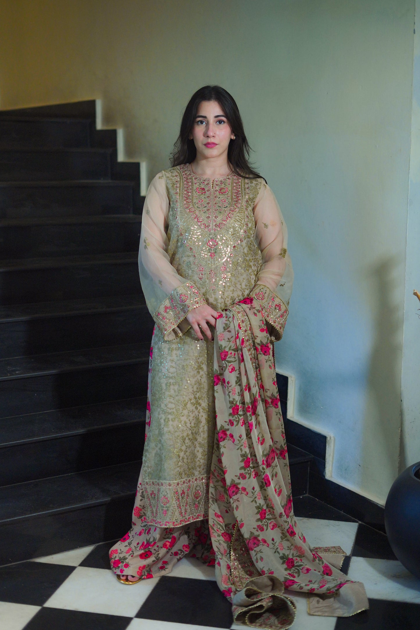 Aneelas Stitched Party Wear/ Wedding Wear 3pc With Raw Silk Gharara [FC-05-A] [Dispatch Time 2 Months]