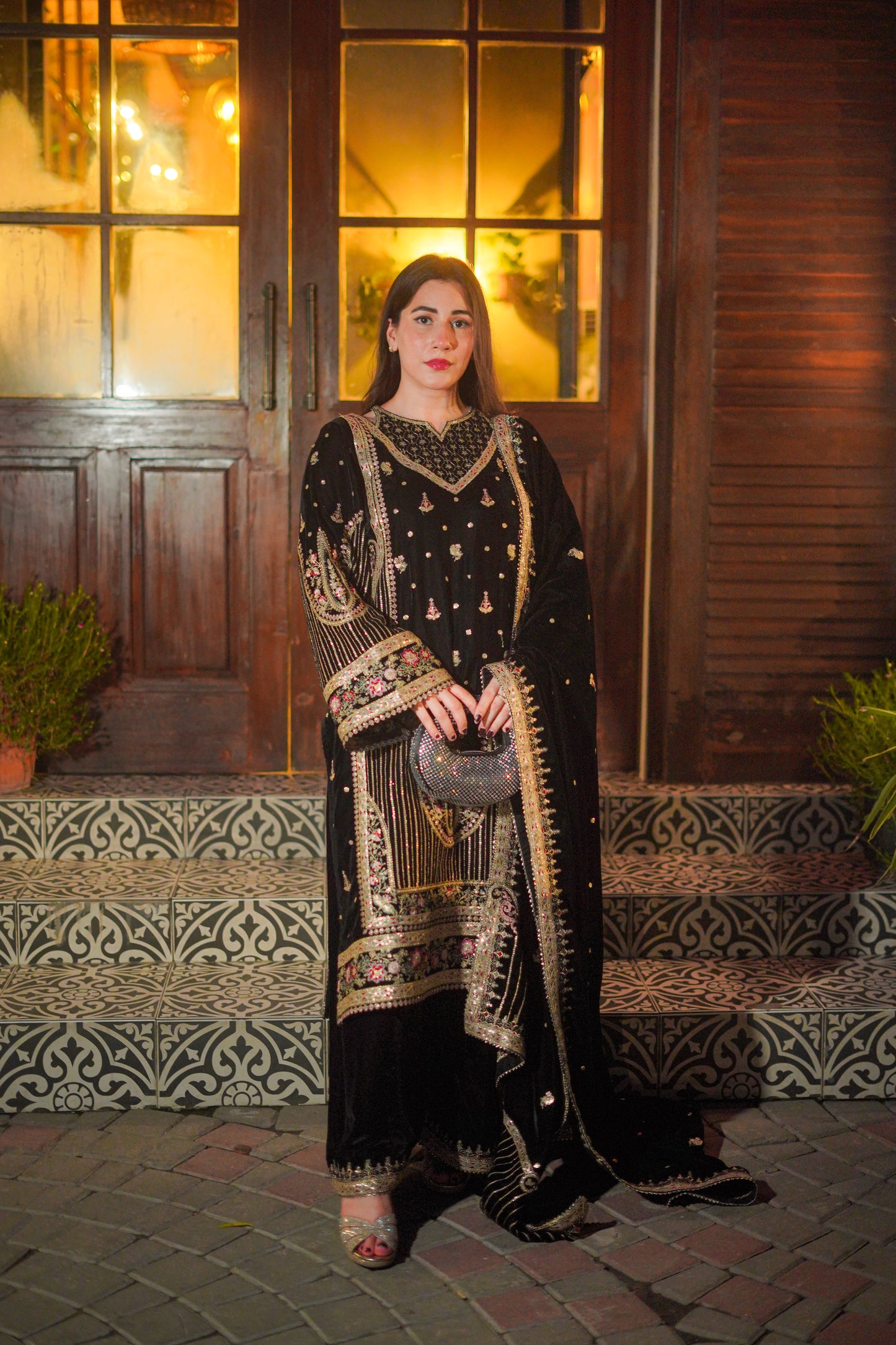 Rs 23000 Aneelas Stitched Velvet Emb Shirt Velvet Emb Shawl Raw Silk Emb Trouser 3pc [VT-03] [Dispatch Time 2 Months]