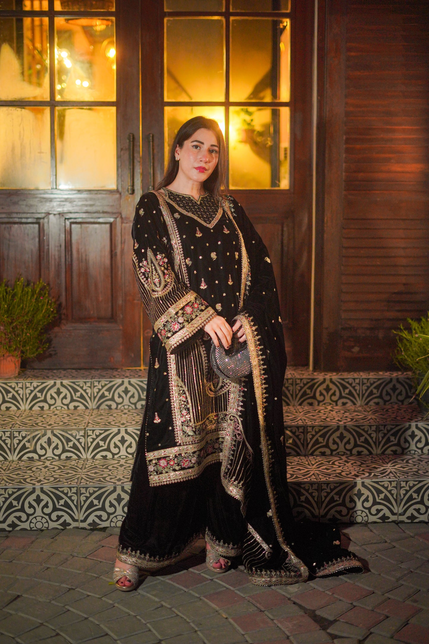 Rs 23000 Aneelas Stitched Velvet Emb Shirt Velvet Emb Shawl Raw Silk Emb Trouser 3pc [VT-03] [Dispatch Time 2 Months]