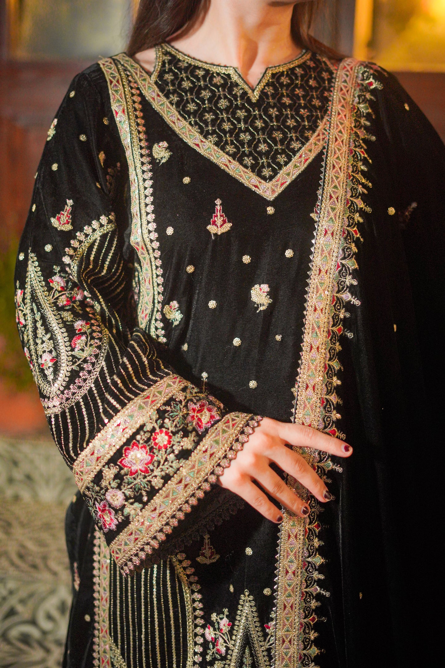 Rs 23000 Aneelas Stitched Velvet Emb Shirt Velvet Emb Shawl Raw Silk Emb Trouser 3pc [VT-03] [Dispatch Time 2 Months]