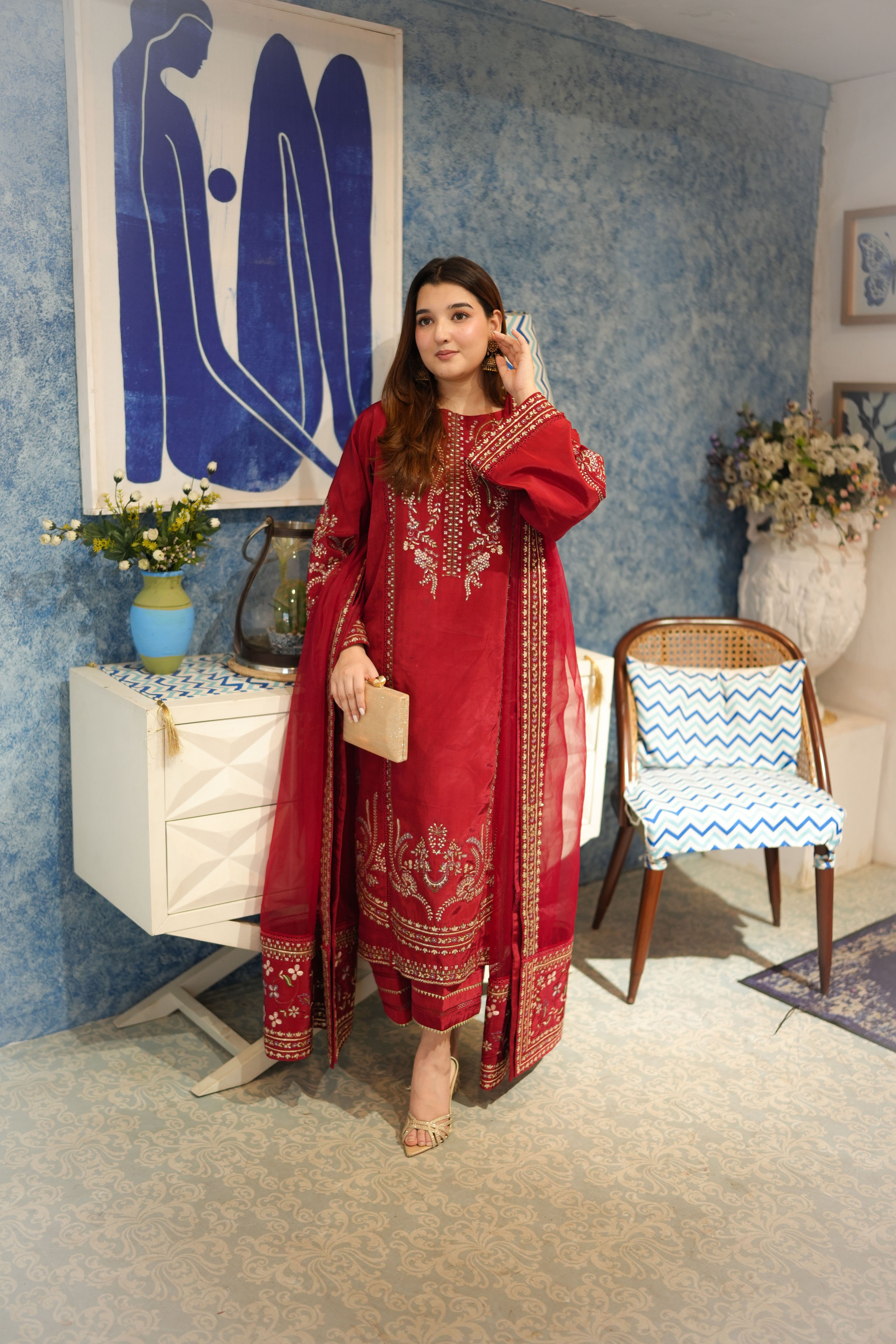 Rs 22500 Aneelas Stitched Tussar Silk Semi Formal Emb 3pc Organza Duppata [FC-26] [Dispatch time 2 Months]