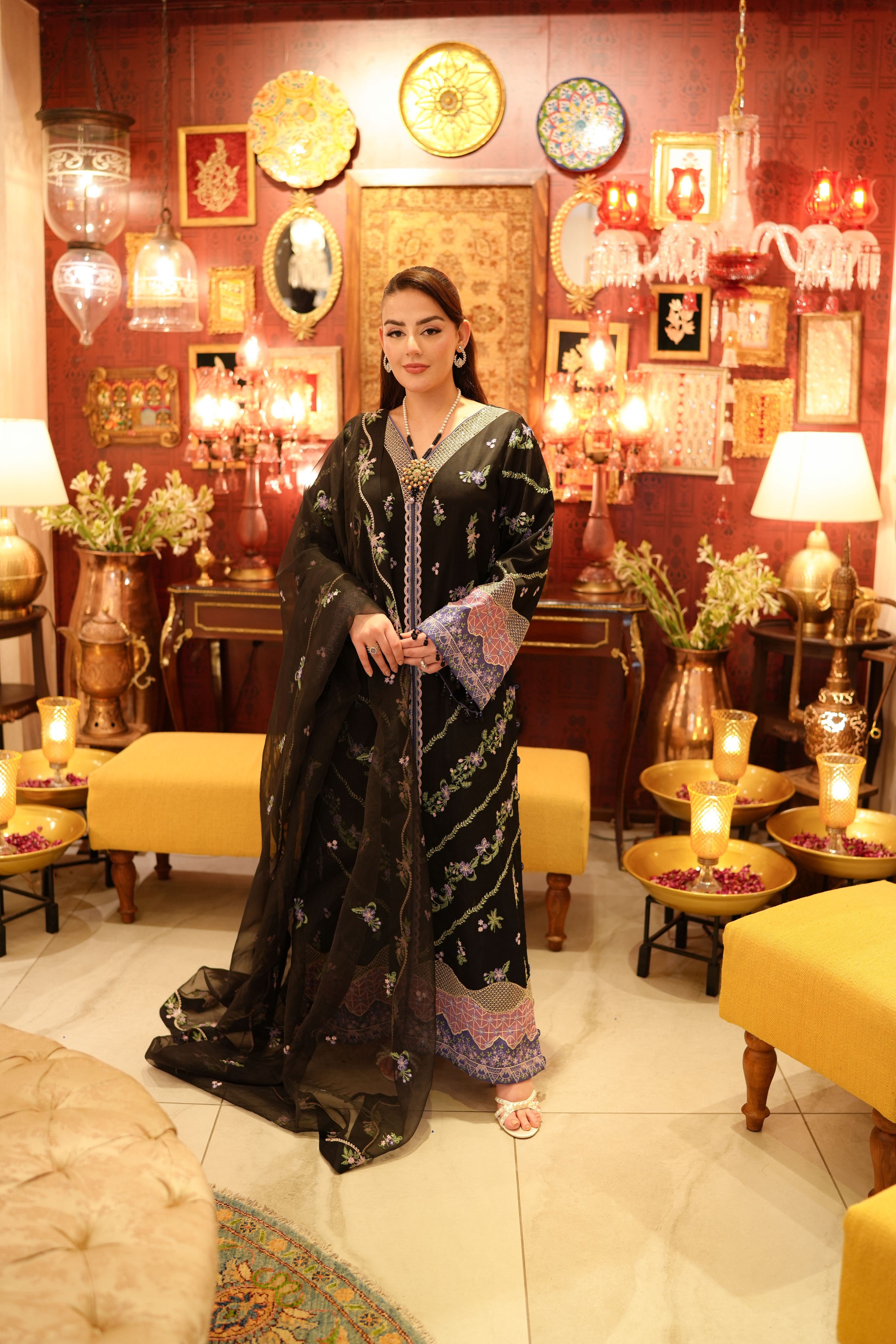 Rs 26000 Aneelas Stitched Shamoz Silk Emb 3pc With Organza Duppata [FC-40][Dispatch Time 2 Month]