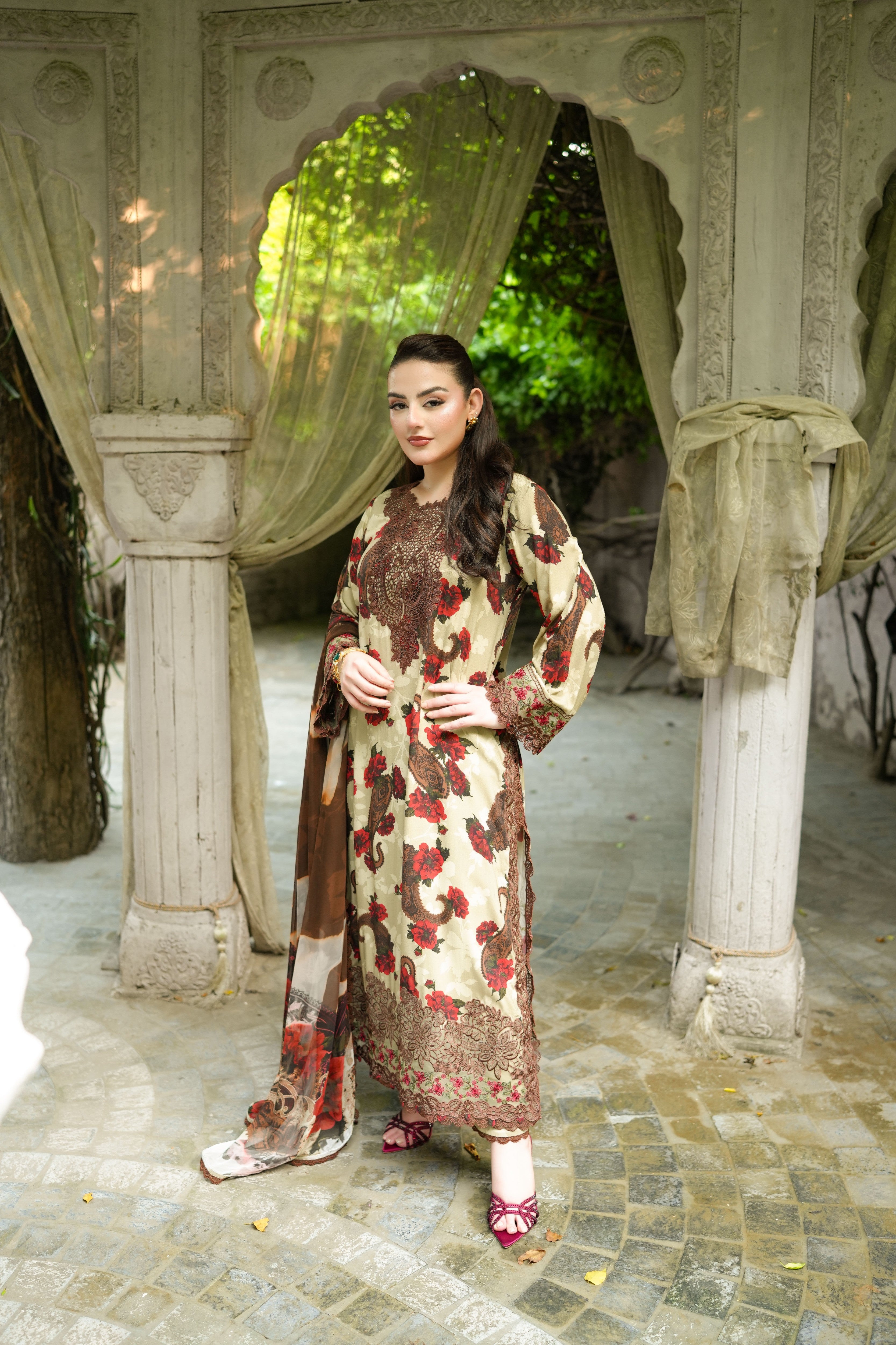 Rs 12800 Aneelas Stitched Print Emb Viscose 3pc Chiffon Duppata [VC-05-B] [Dispatch Time 2 Months]