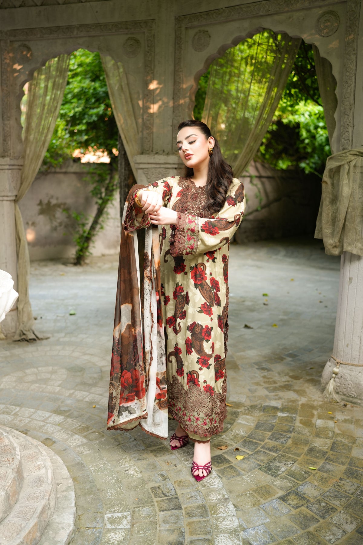 Aneelas Print Emb Viscose 3pc Viscose Duppata [VC-05-A] [Dispatch Time 2 Months]