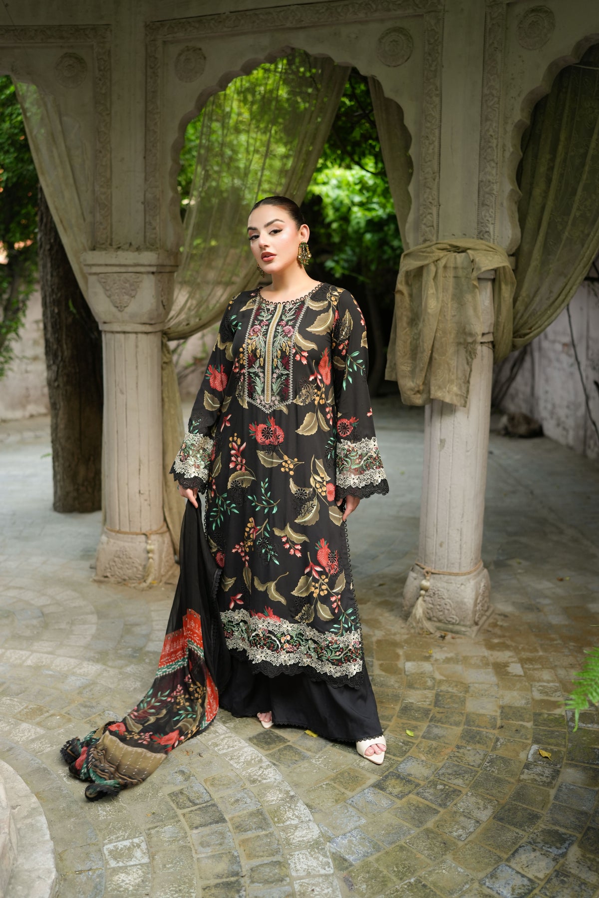 Aneelas Print Emb Viscose 3pc Chiffon Duppata [VC-26-06-B] [Dispatch Time 2 Months]