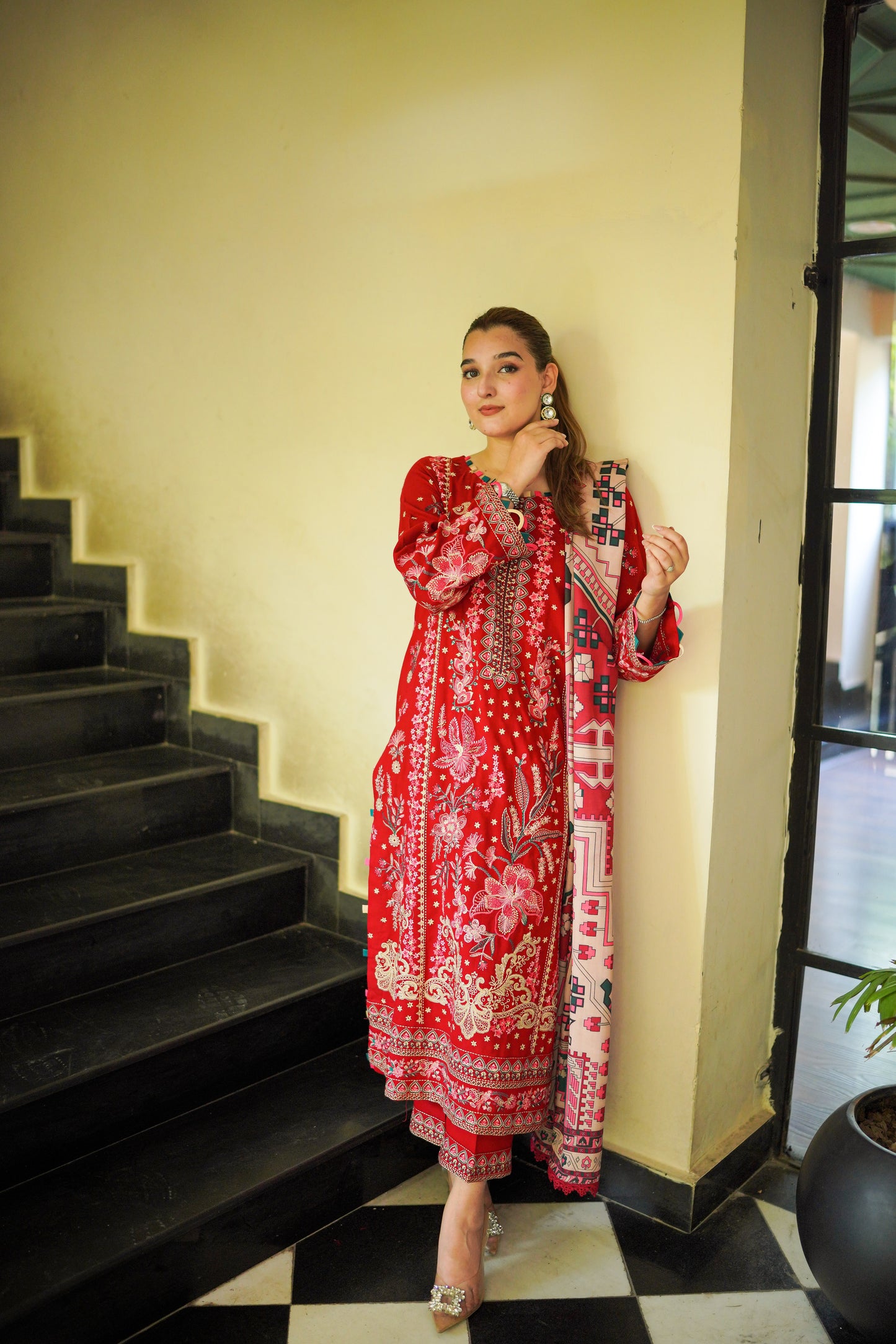 Aneelas Stitched Peach Wool Emb 3pc [PL-05] [Dispatch Time 2 Months]