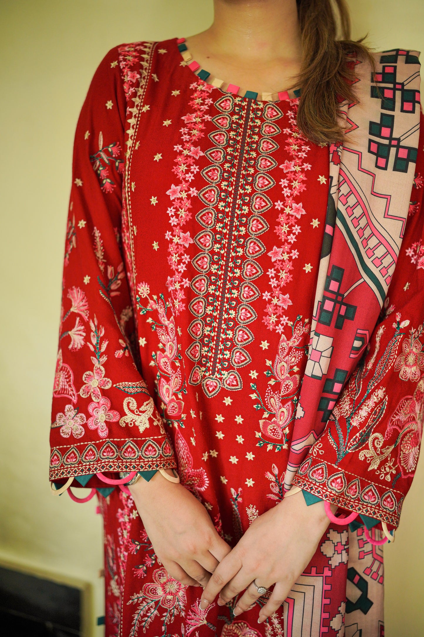 Aneelas Stitched Peach Wool Emb 3pc [PL-05] [Dispatch Time 2 Months]