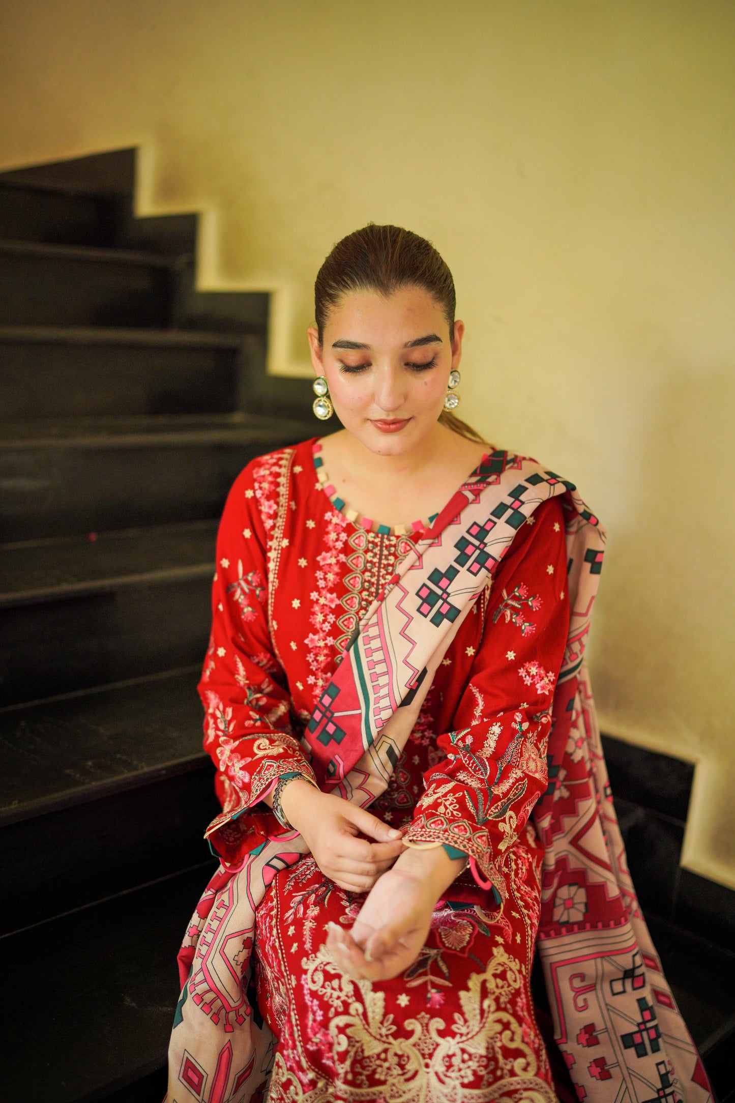 Aneelas Stitched Peach Wool Emb 3pc [PL-05] [Dispatch Time 2 Months]