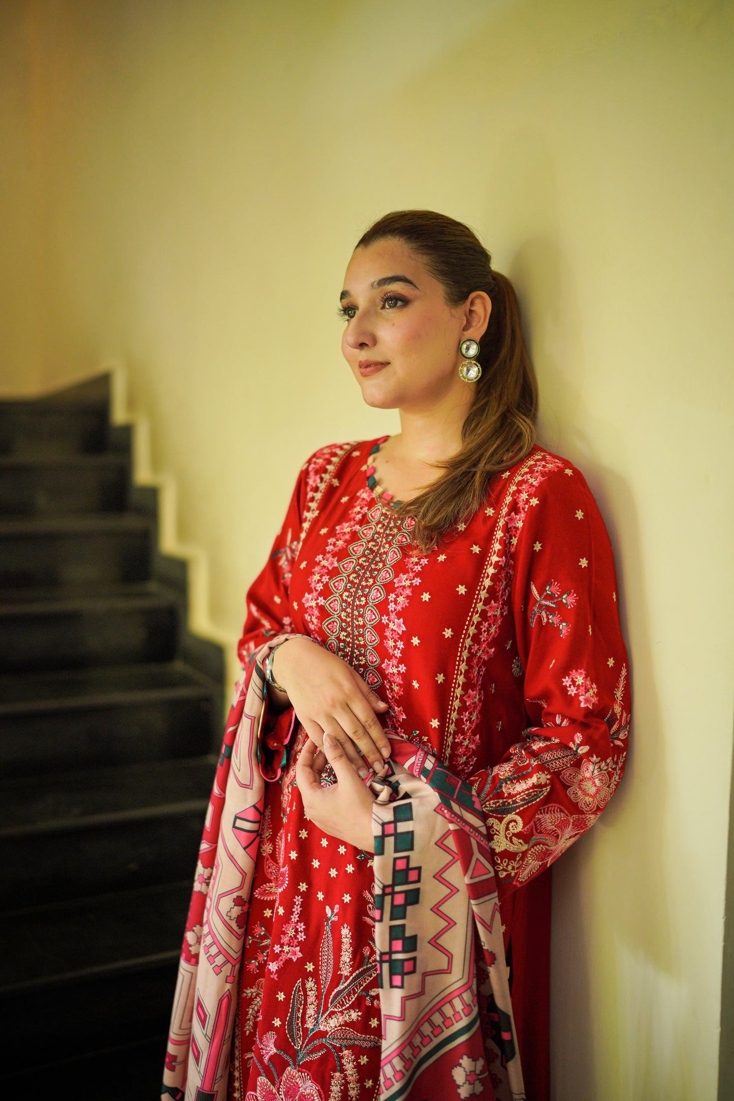 Aneelas Stitched Peach Wool Emb 3pc [PL-05] [Dispatch Time 2 Months]