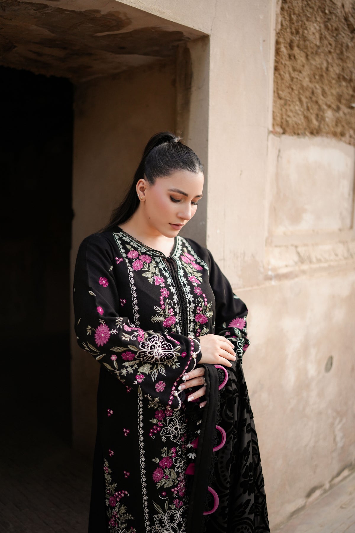 Rs 18000 Aneelas Stitched Karandi Emb 3pc Palachi Shawl [KR-26-14] [Dispatch Time 2.5 Months]