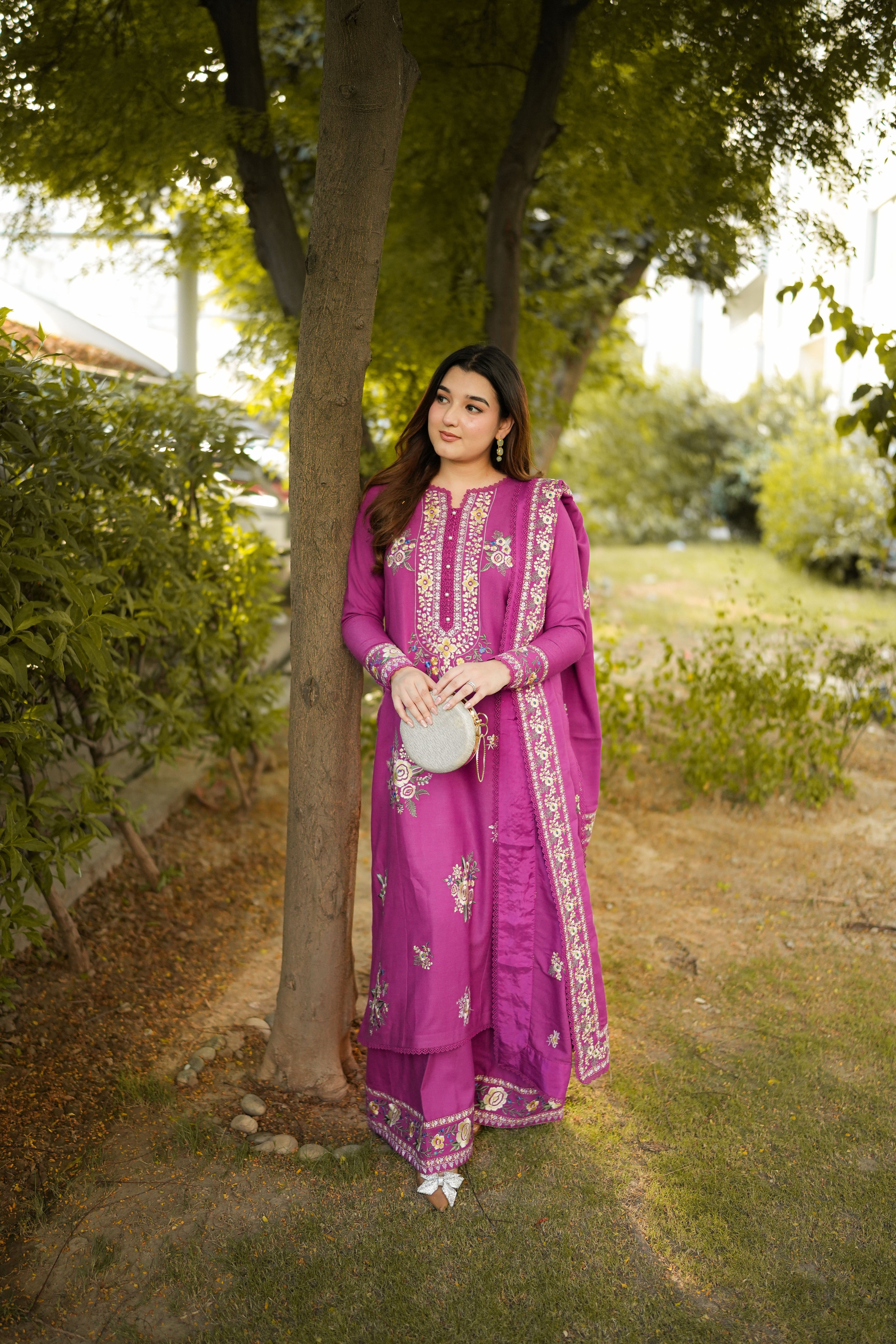 Aneelas Peach Wool Emb 3pc Chiffon Duppata [PLX-26-10-B] [Dispatch Time 2 Months]