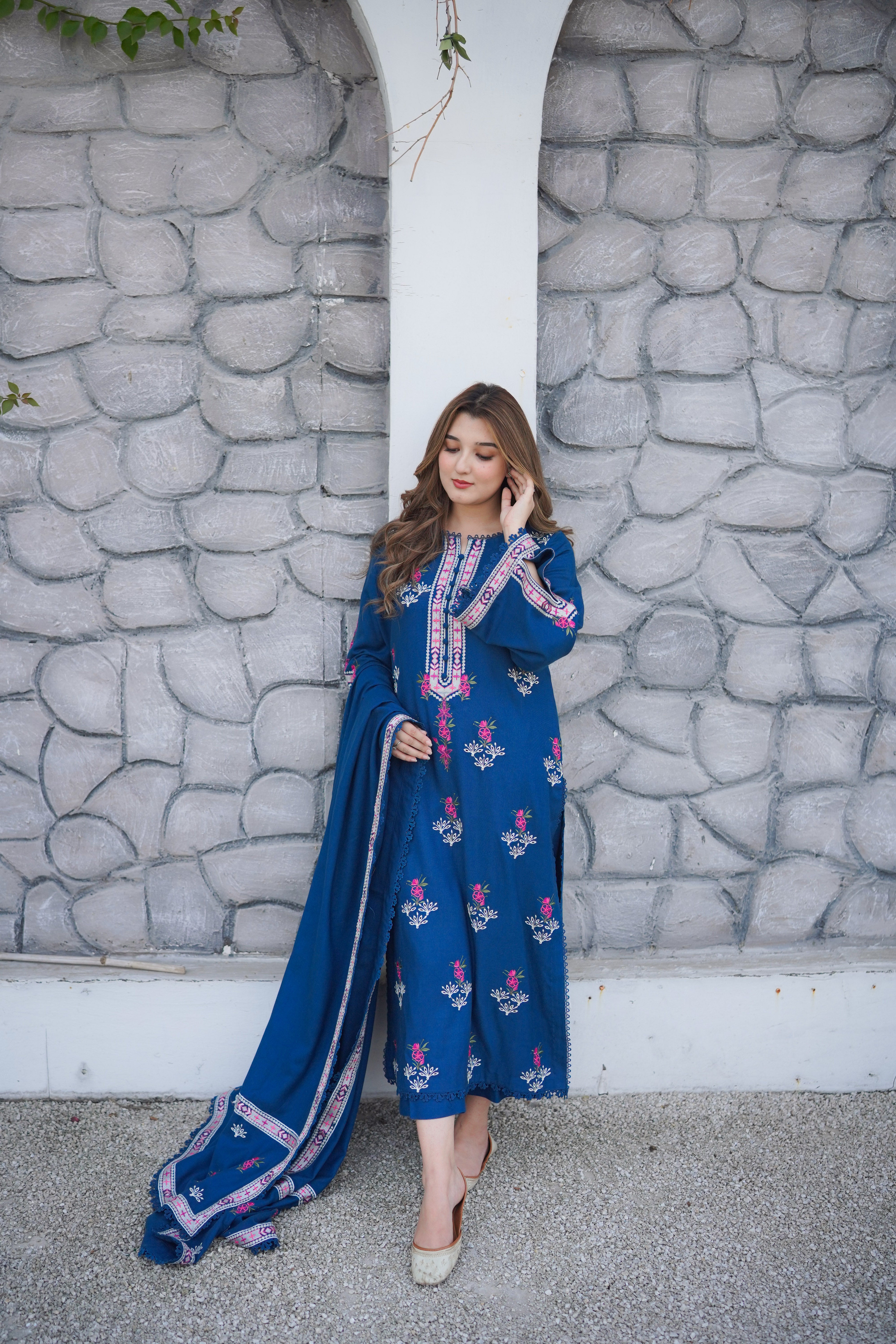 Rs 13000 Aneelas Stitched Peach Wool Emb Shirt Emb Shawl 3pc [PL-11] [Dispatch Time 2 Months]