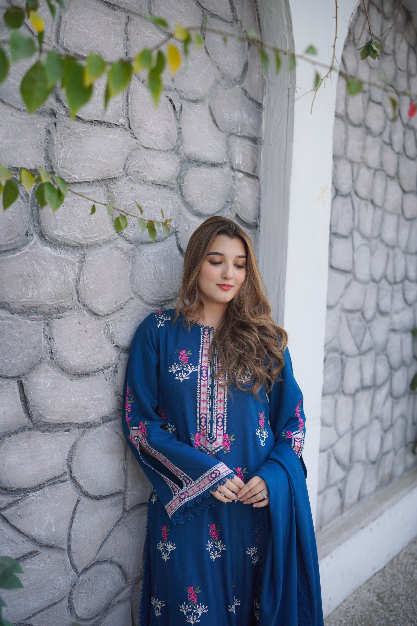 Rs 8000 Aneelas Stitched Peach Wool Emb Shirt Trouser 2pc [PL-11] [Dispatch Time 2 Months]